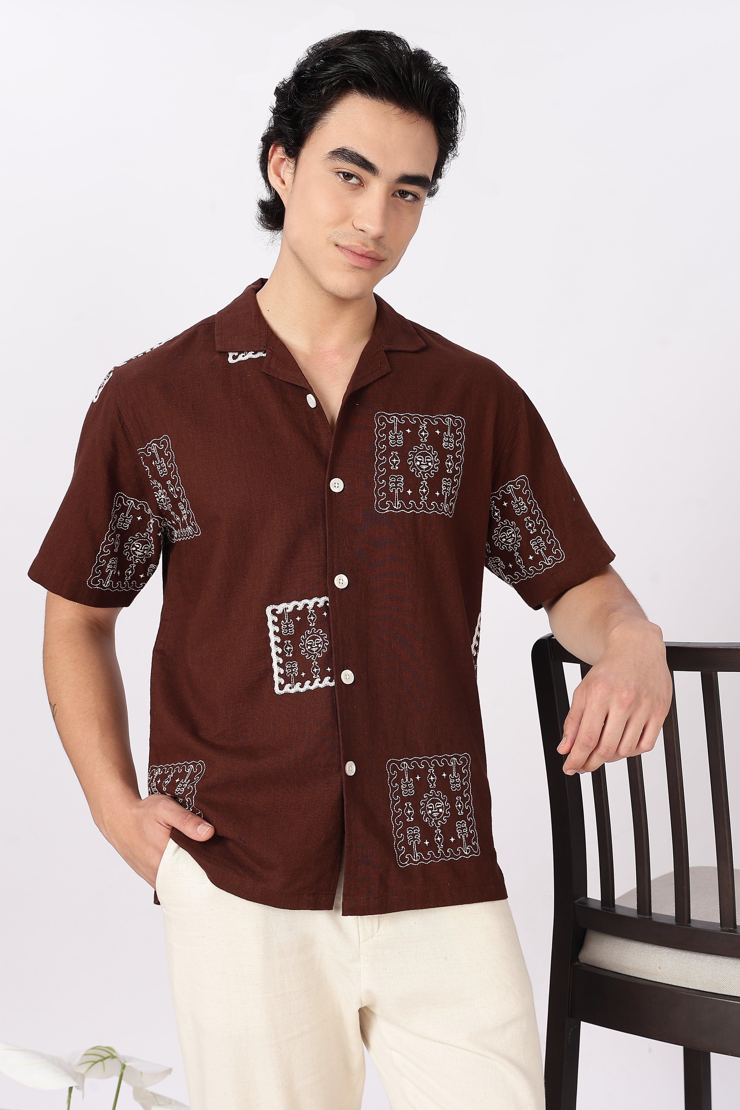 Desert Mosaic Cotton Box Fit Brown Embroidered Shirt