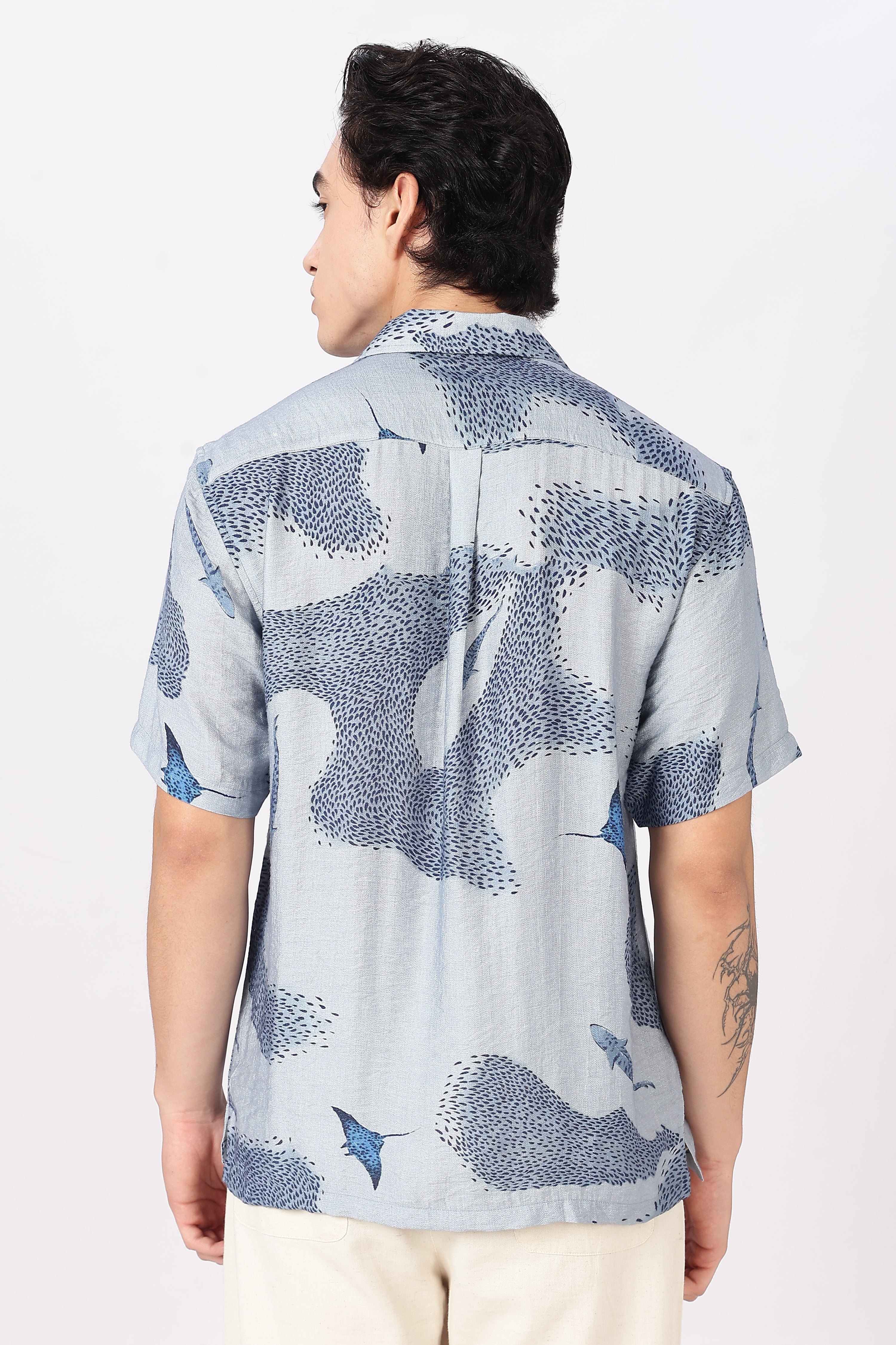 Blue Tide Marine Life Printed Cuban Collar Shirt
