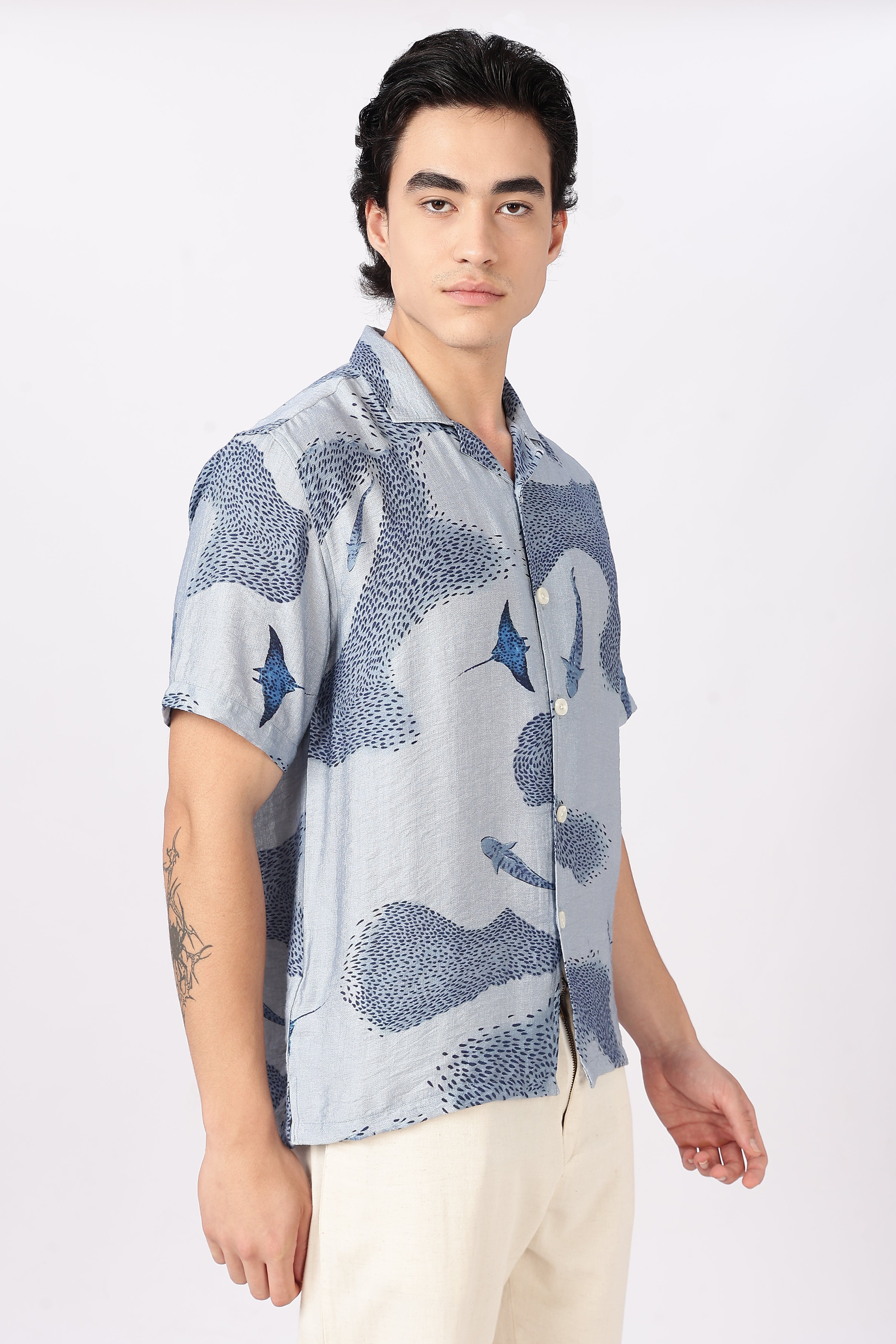 Blue Tide Marine Life Printed Cuban Collar Shirt