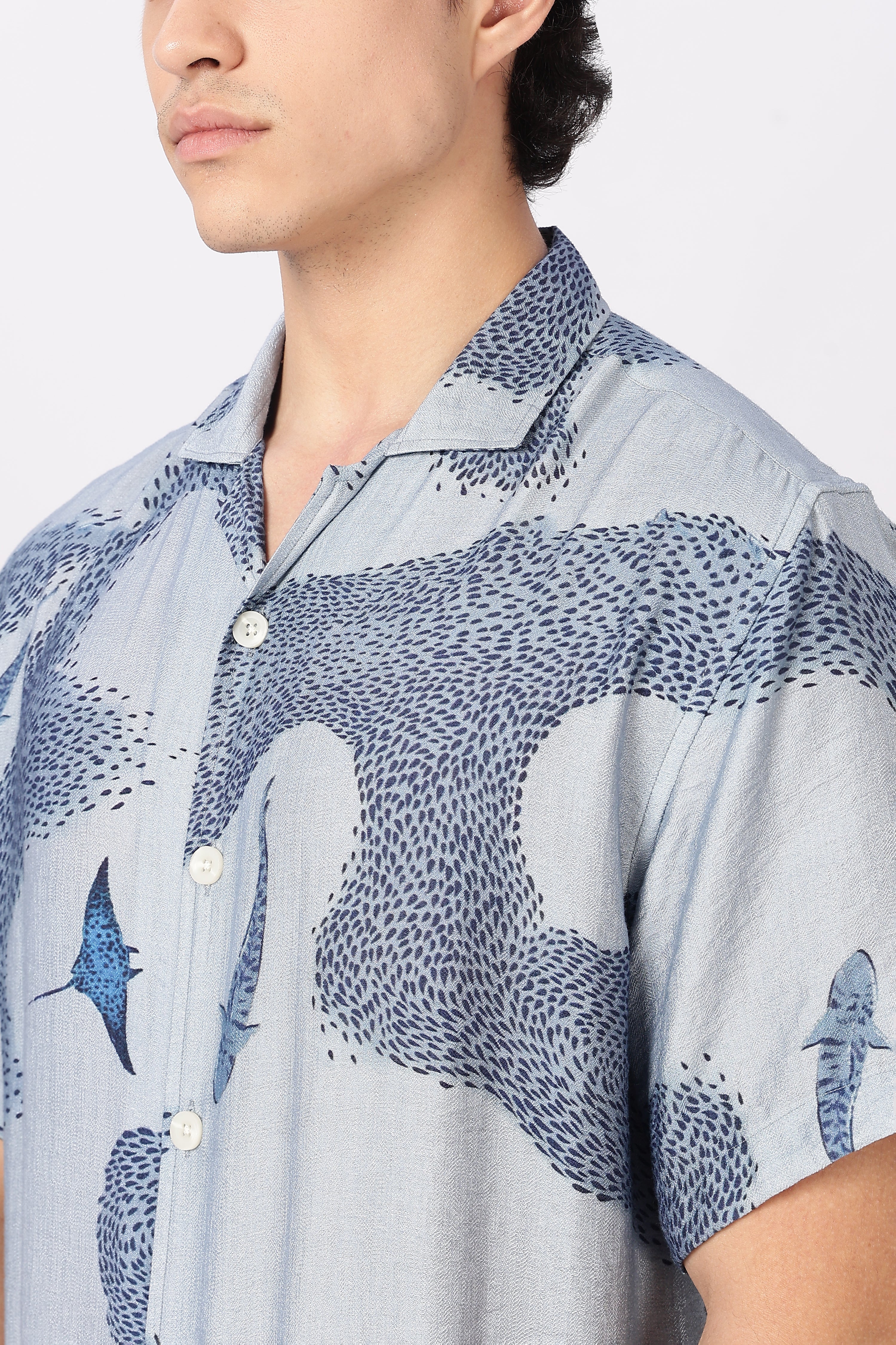 Blue Tide Marine Life Printed Cuban Collar Shirt