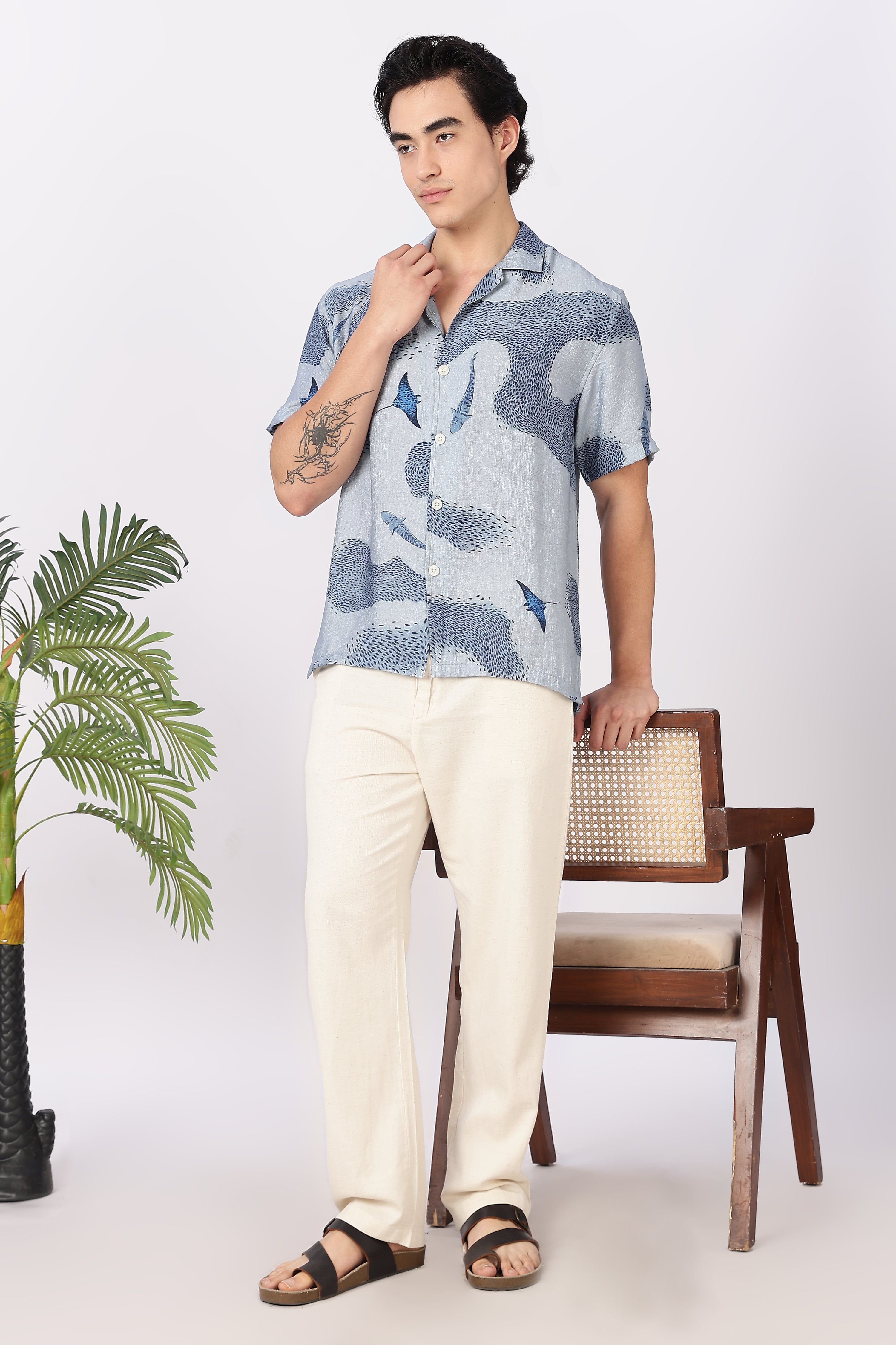 Blue Tide Marine Life Printed Cuban Collar Shirt