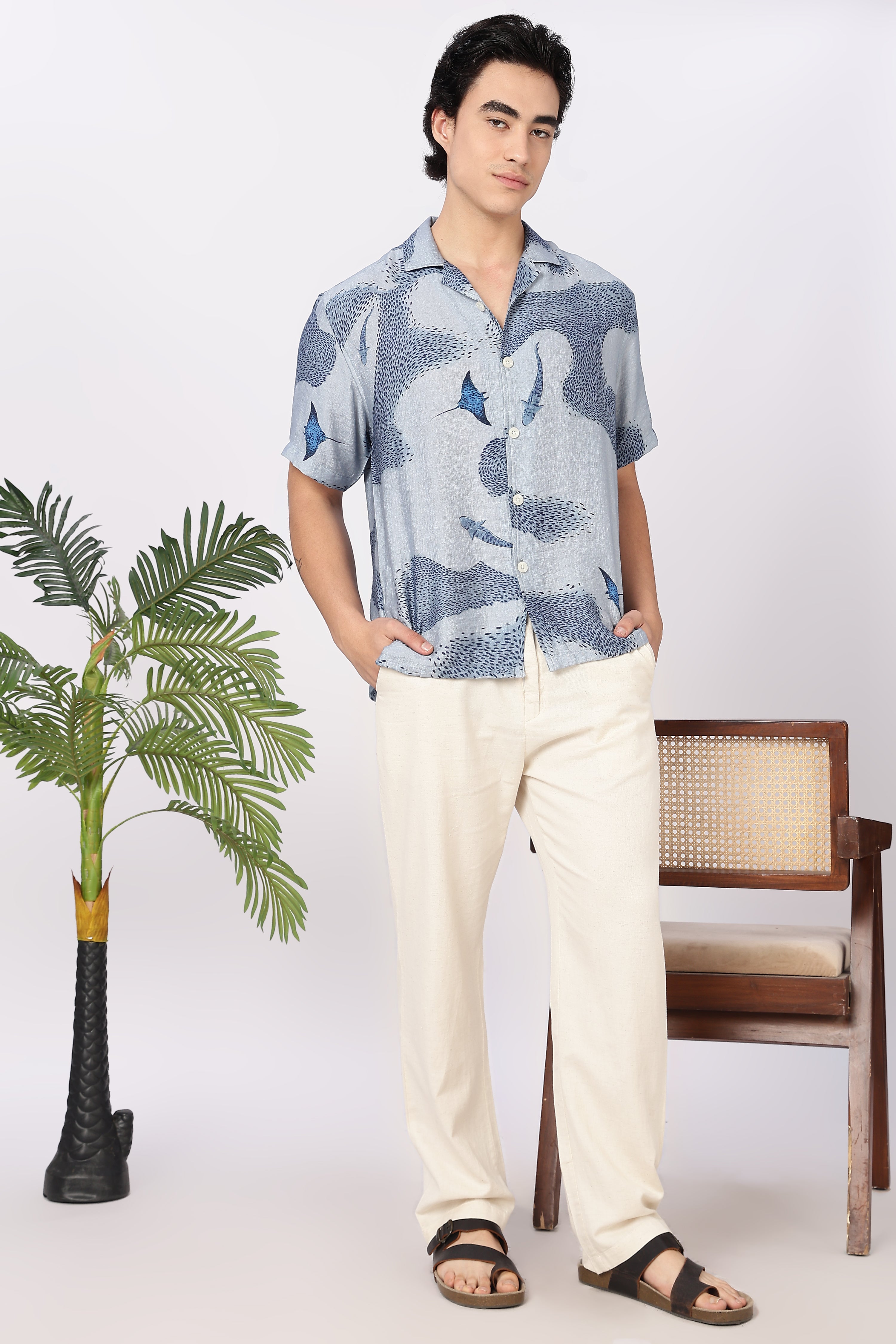 Blue Tide Marine Life Printed Cuban Collar Shirt