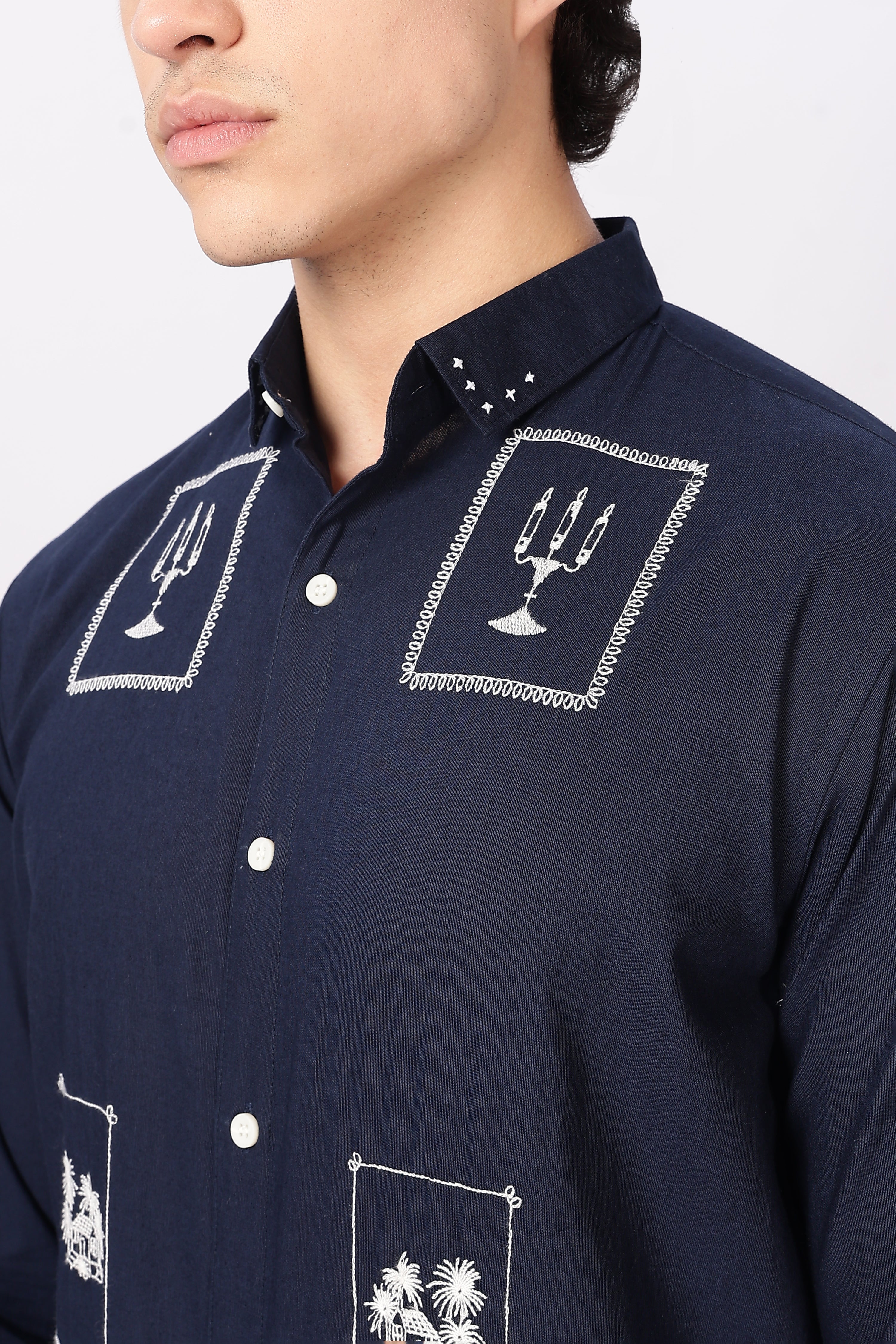 Midnight Postcard Cotton Regular Fit Navy Embroidered Shirt