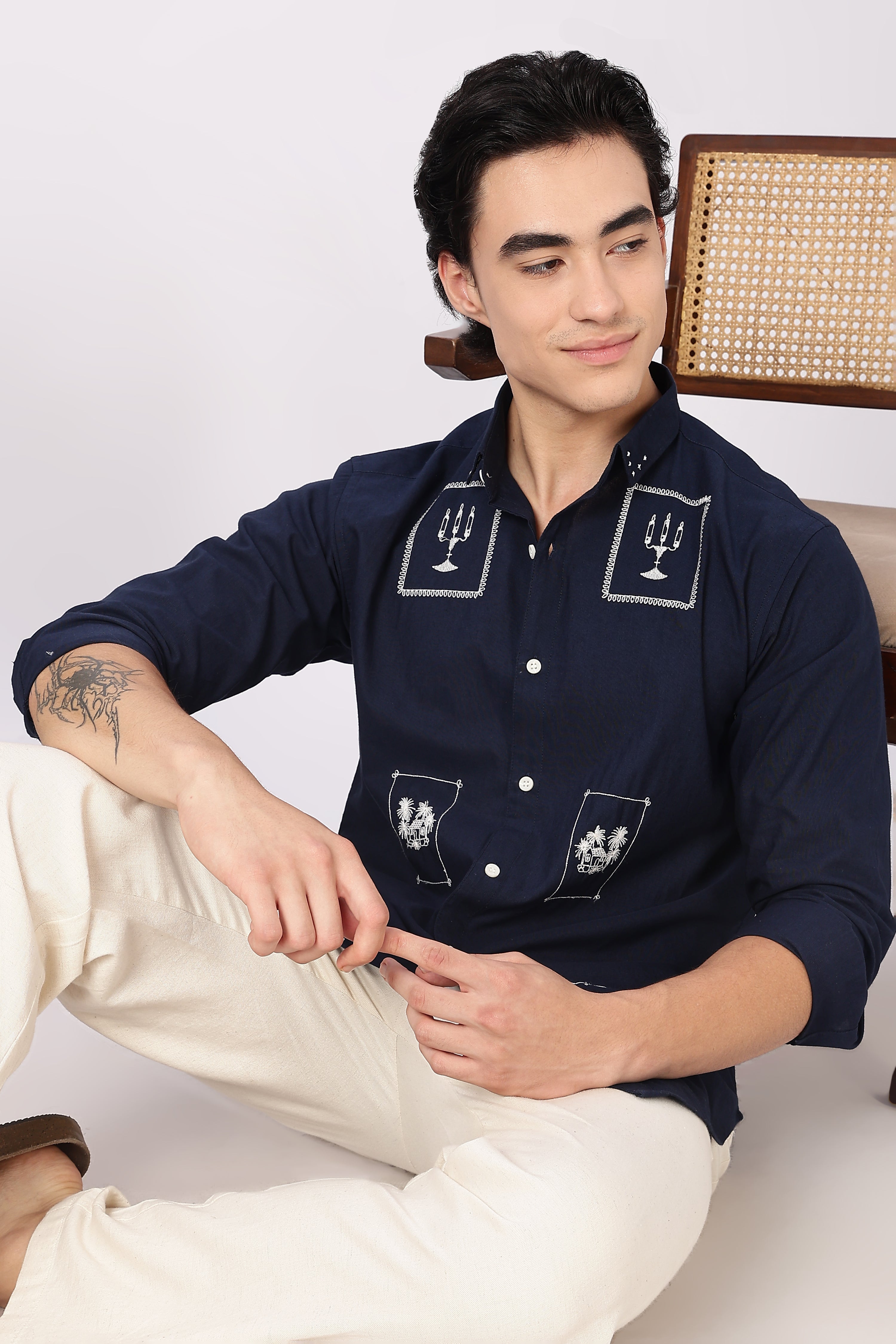 Midnight Postcard Cotton Regular Fit Navy Embroidered Shirt