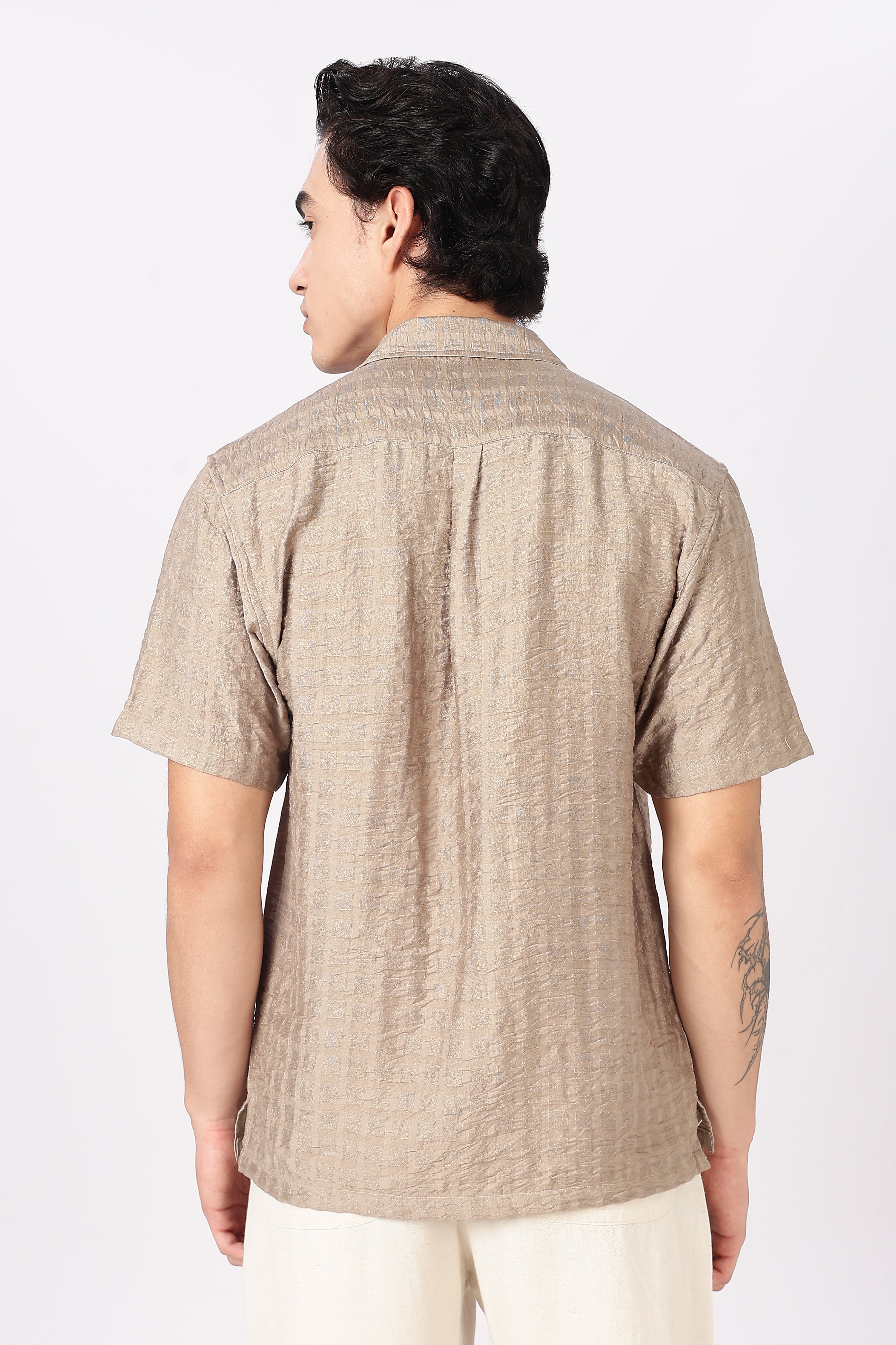 Beige Textured Cuban Collar Shirt