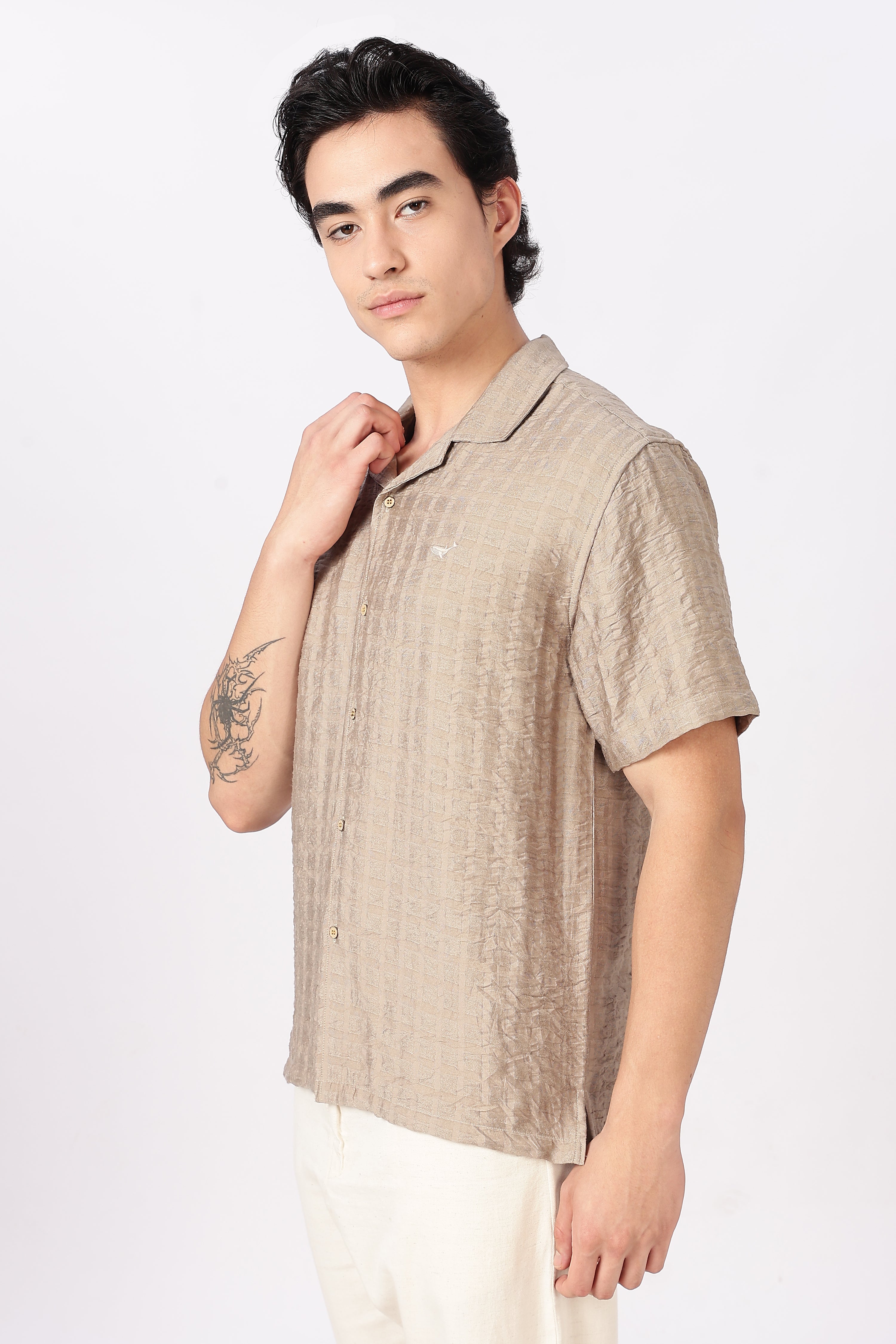 Beige Textured Cuban Collar Shirt