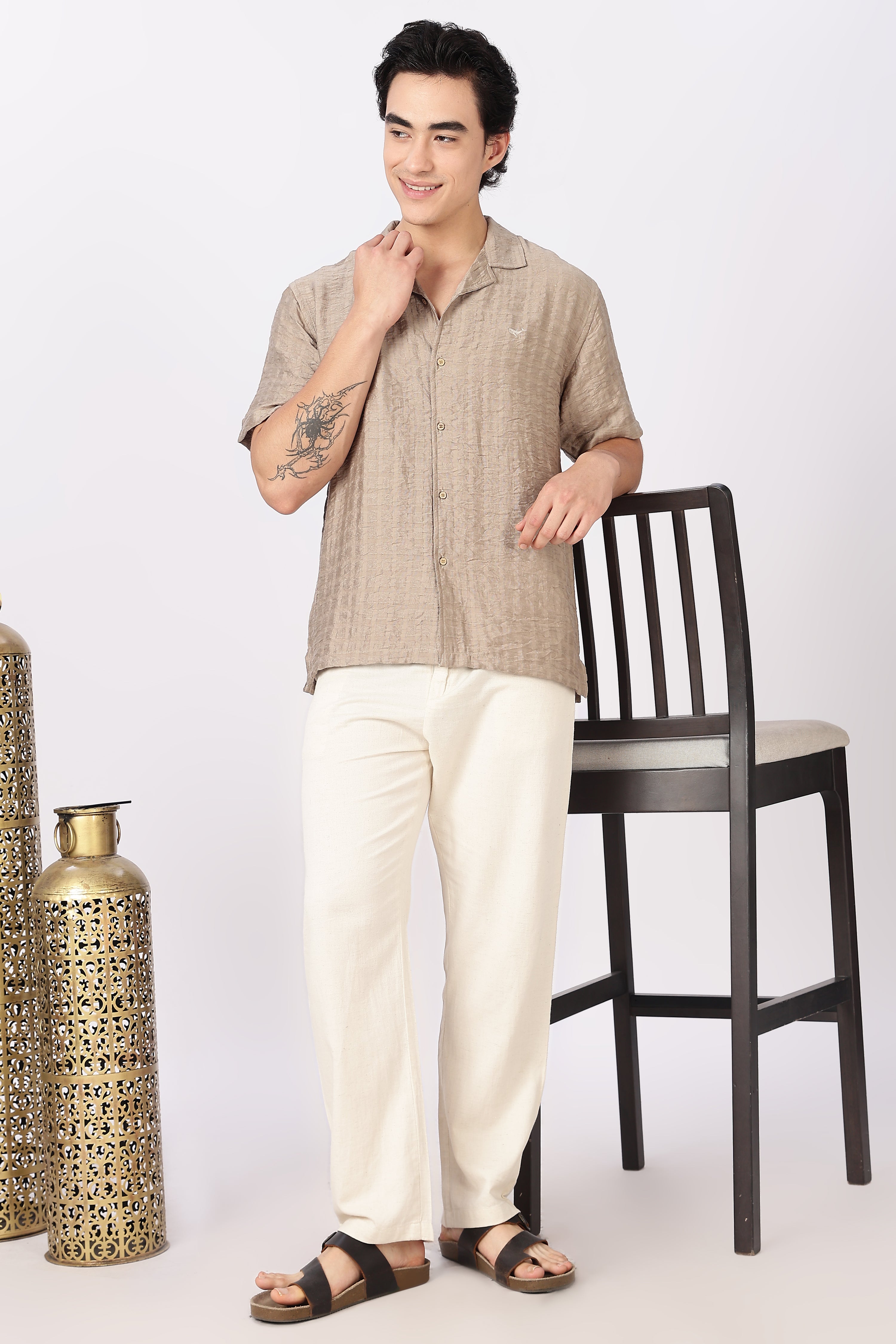 Beige Textured Cuban Collar Shirt