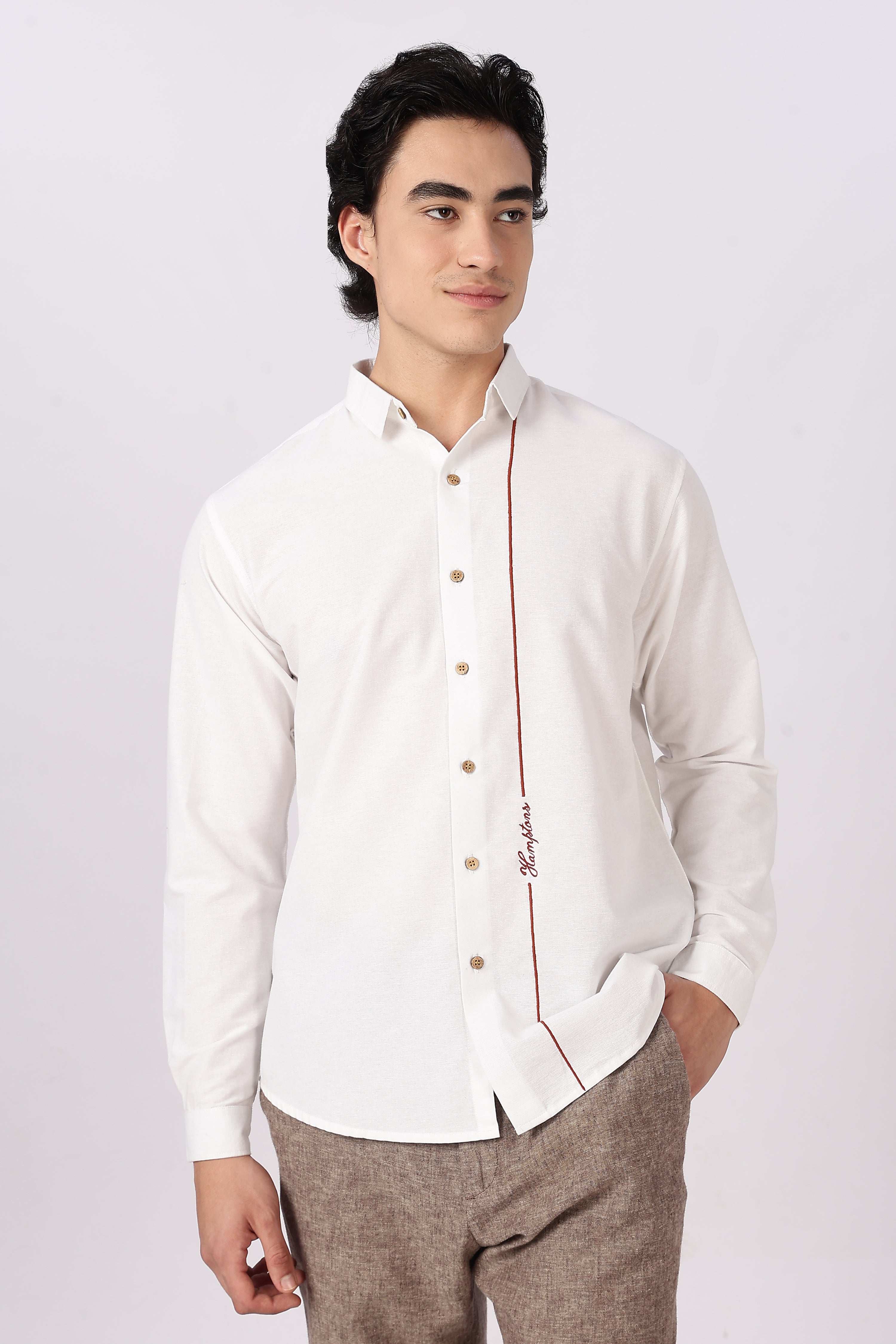 Signature Line Hamptons Cotton Regular Fit White Embroidered Shirt