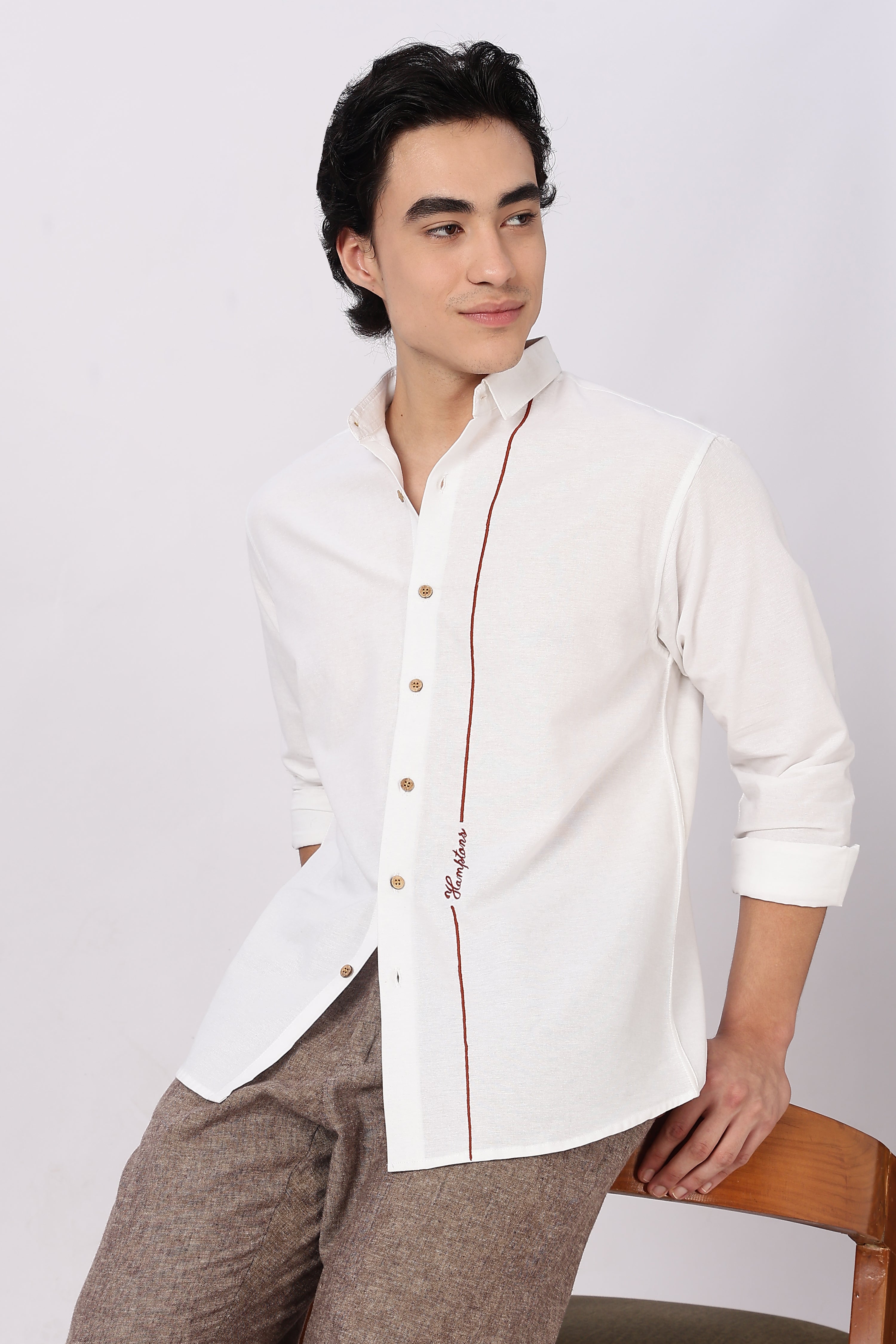 Signature Line Hamptons Cotton Regular Fit White Embroidered Shirt