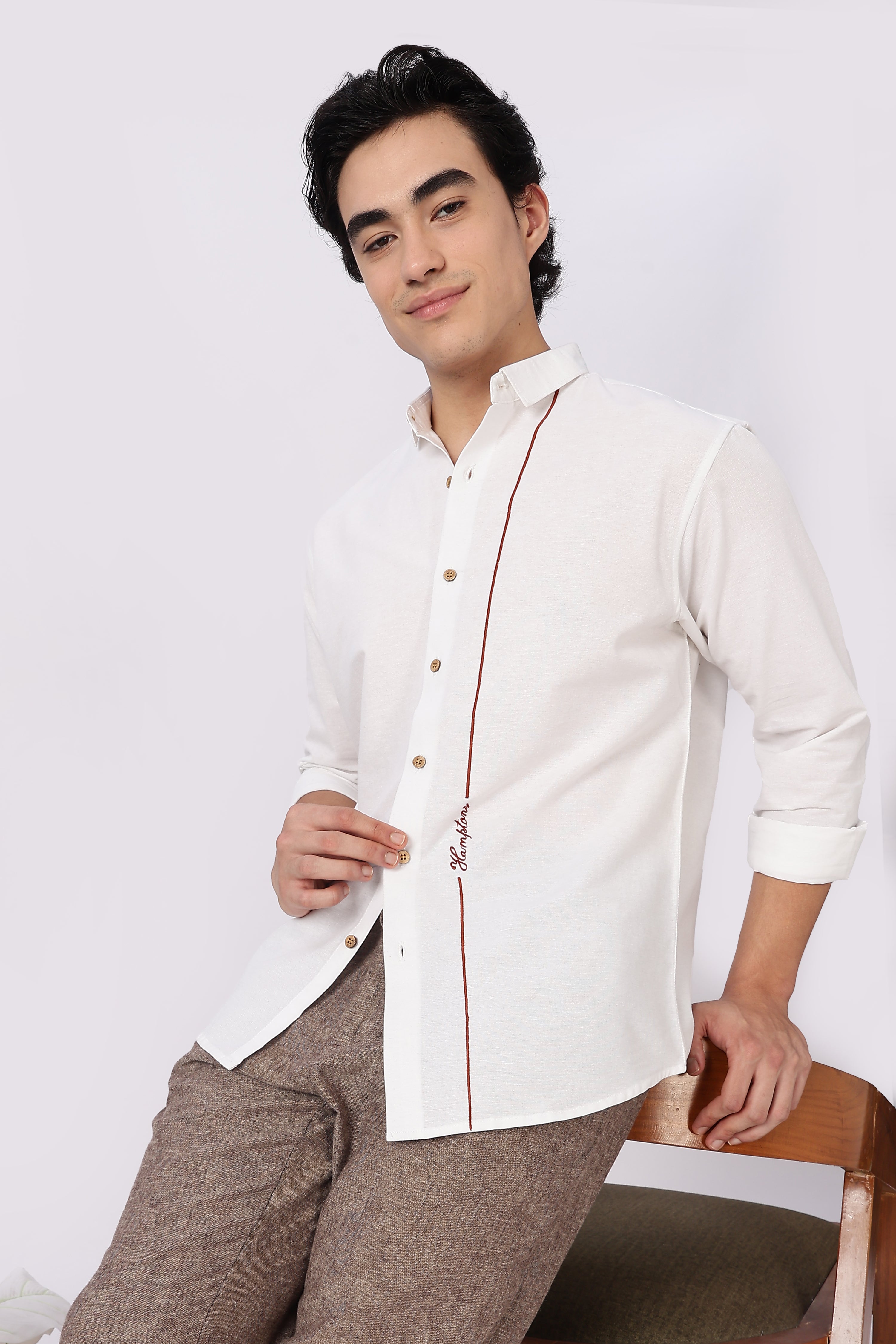 Signature Line Hamptons Cotton Regular Fit White Embroidered Shirt
