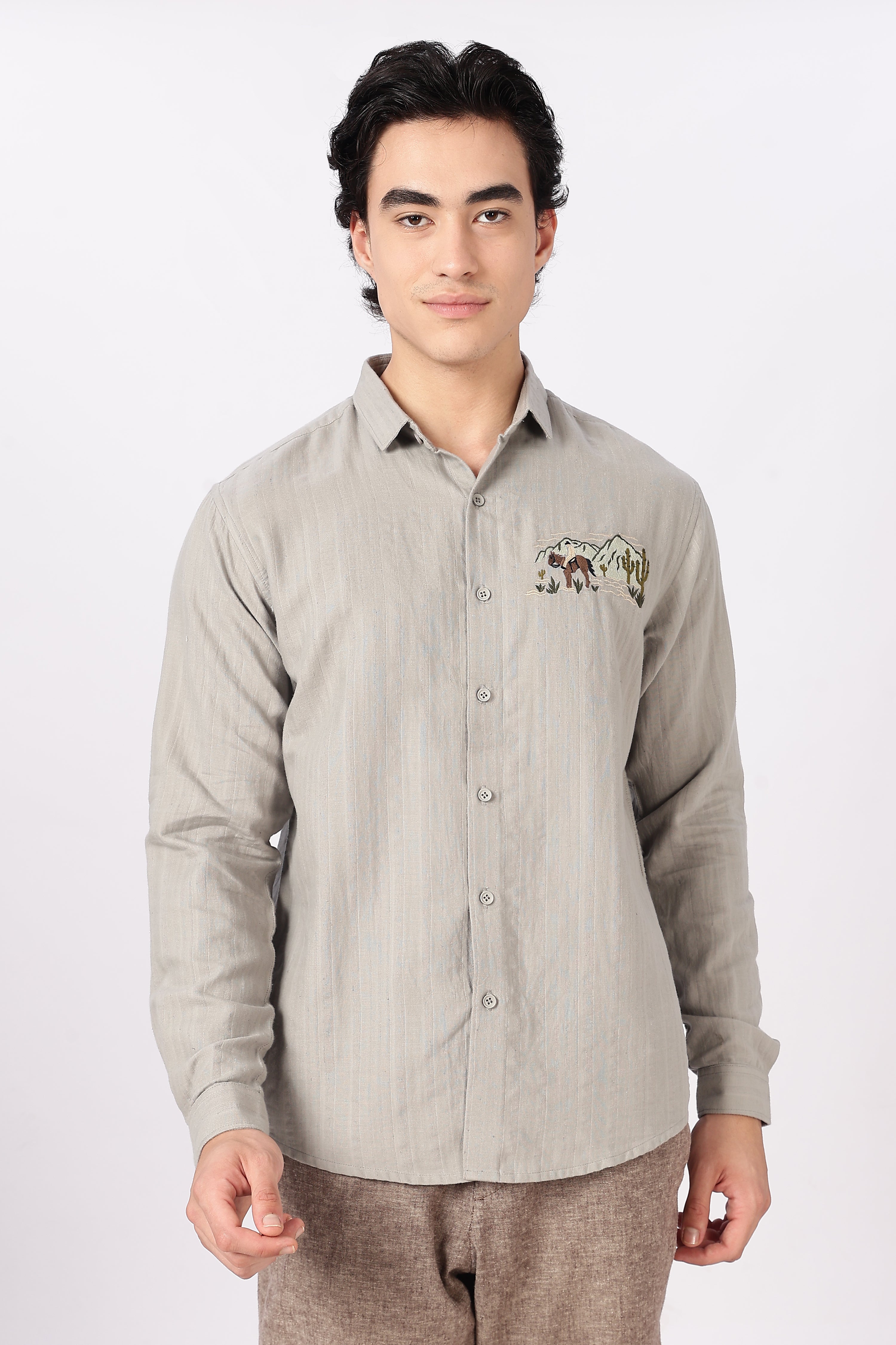 Desert Landscape Cotton Regular Fit Sage Grey Striped Shirt