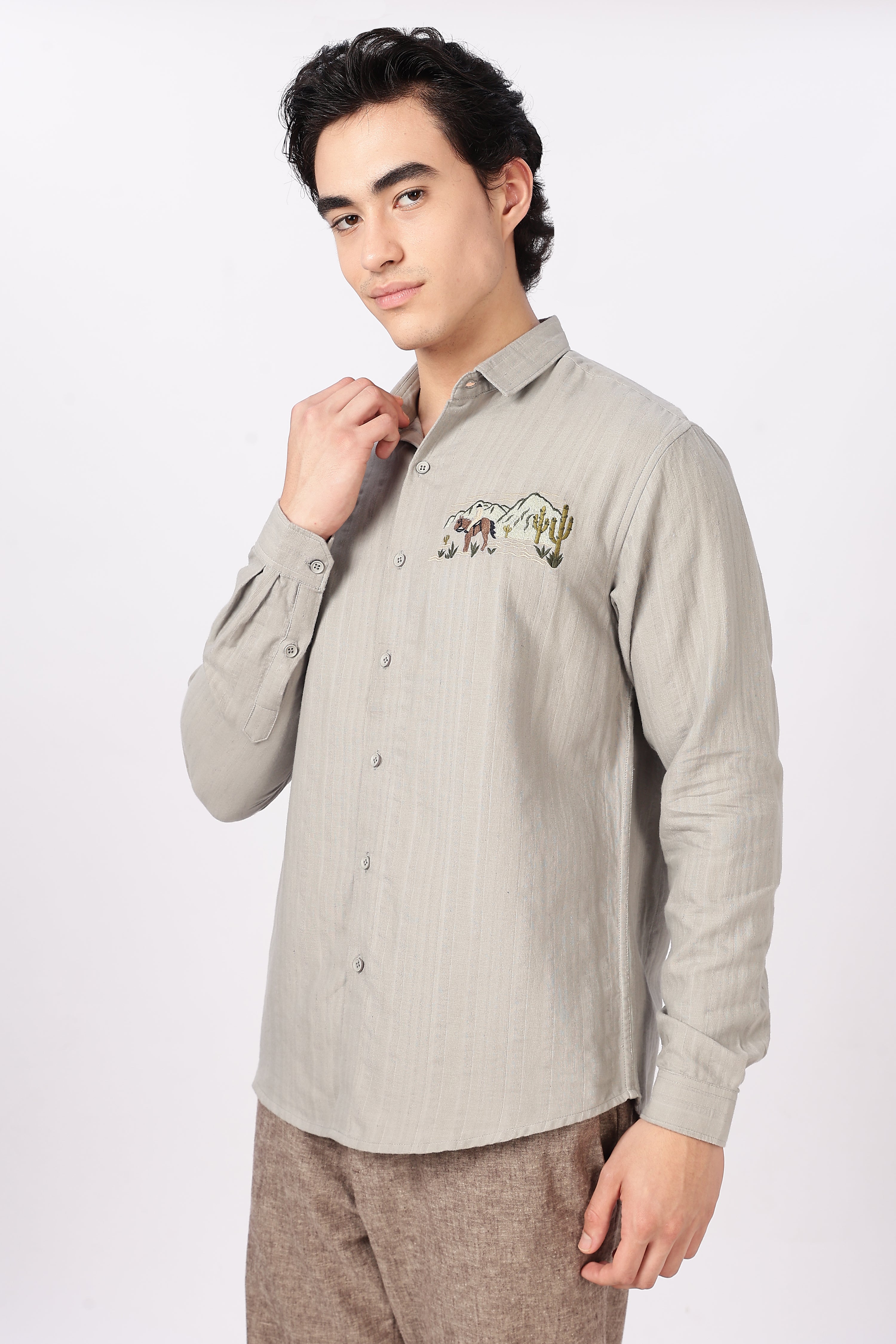 Desert Landscape Cotton Regular Fit Sage Grey Striped Shirt