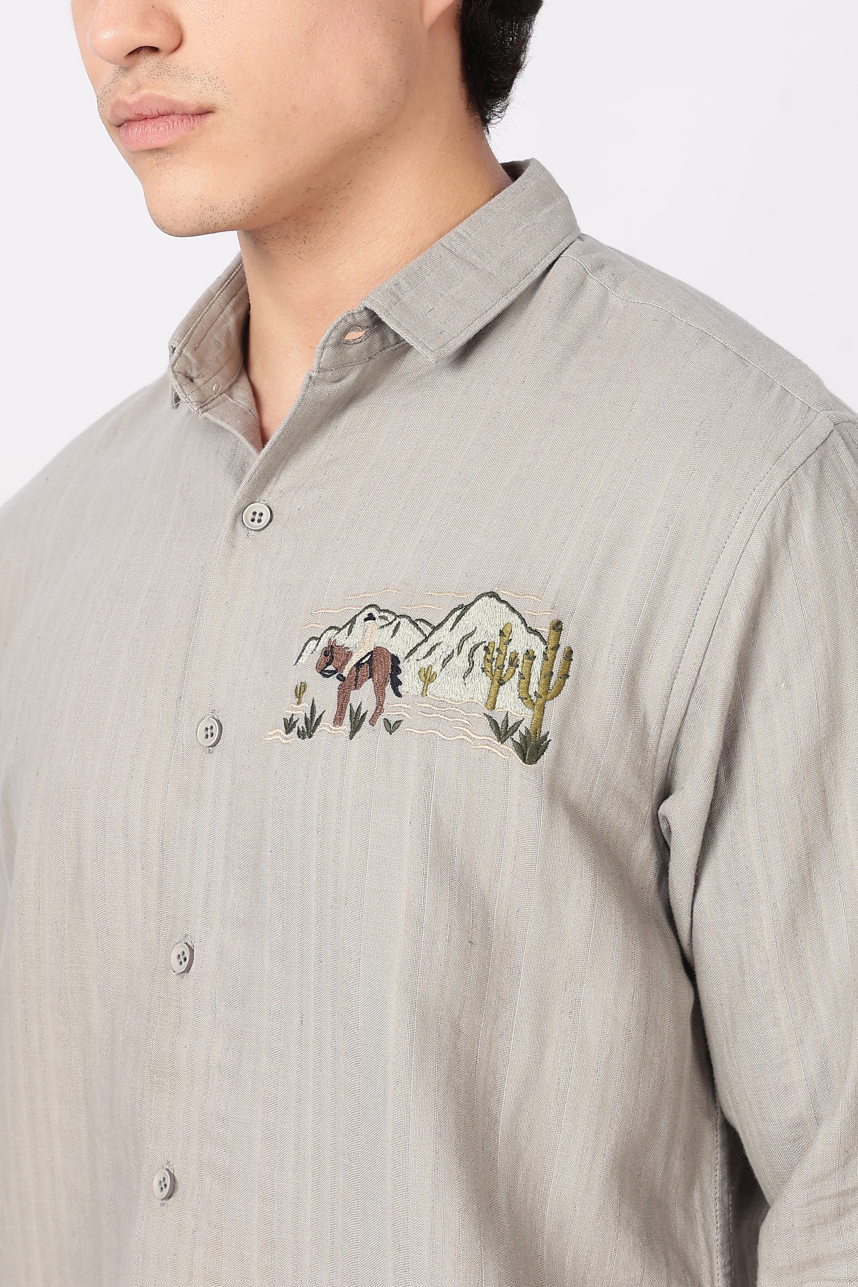 Desert Landscape Cotton Regular Fit Sage Grey Striped Shirt