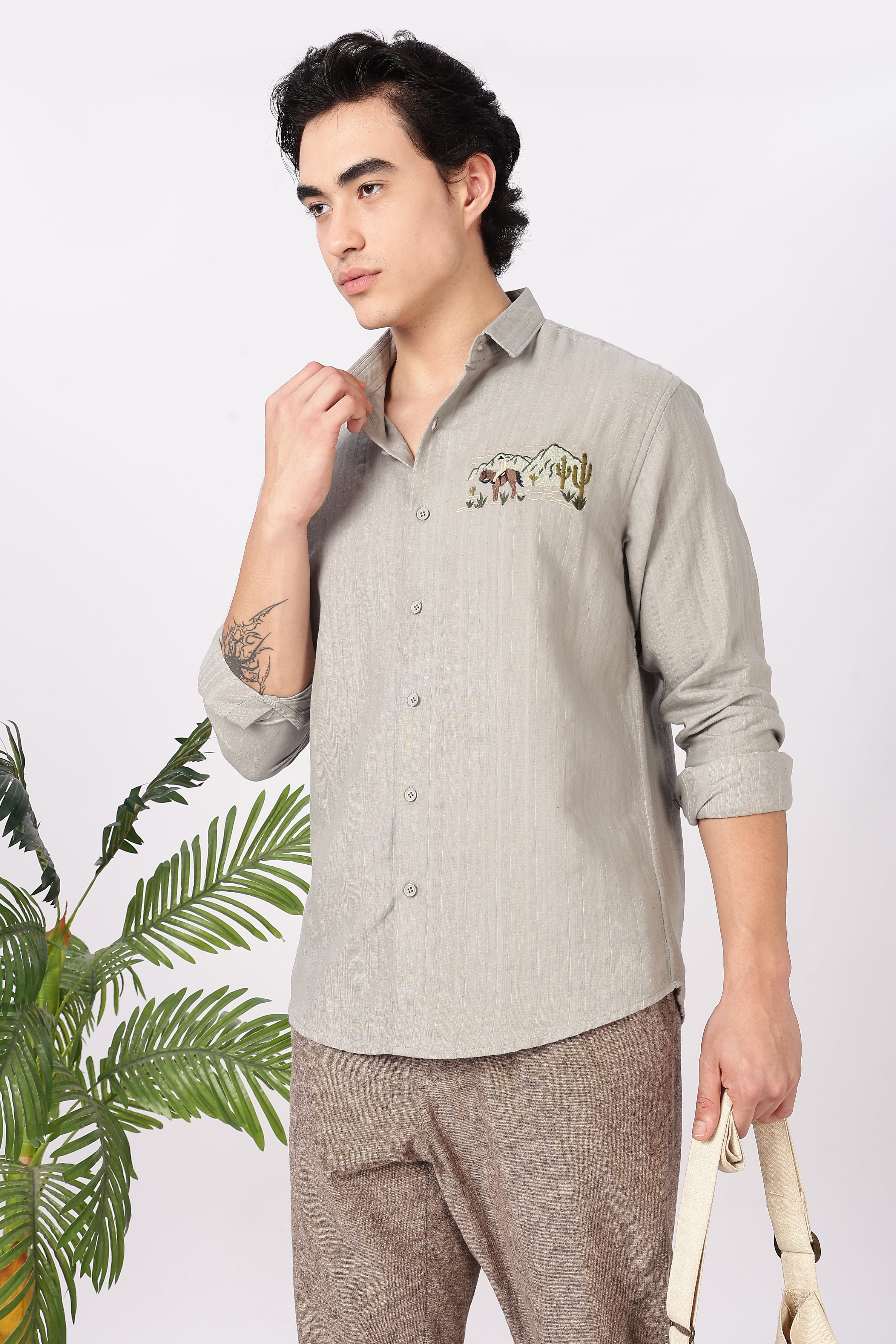 Desert Landscape Cotton Regular Fit Sage Grey Striped Shirt