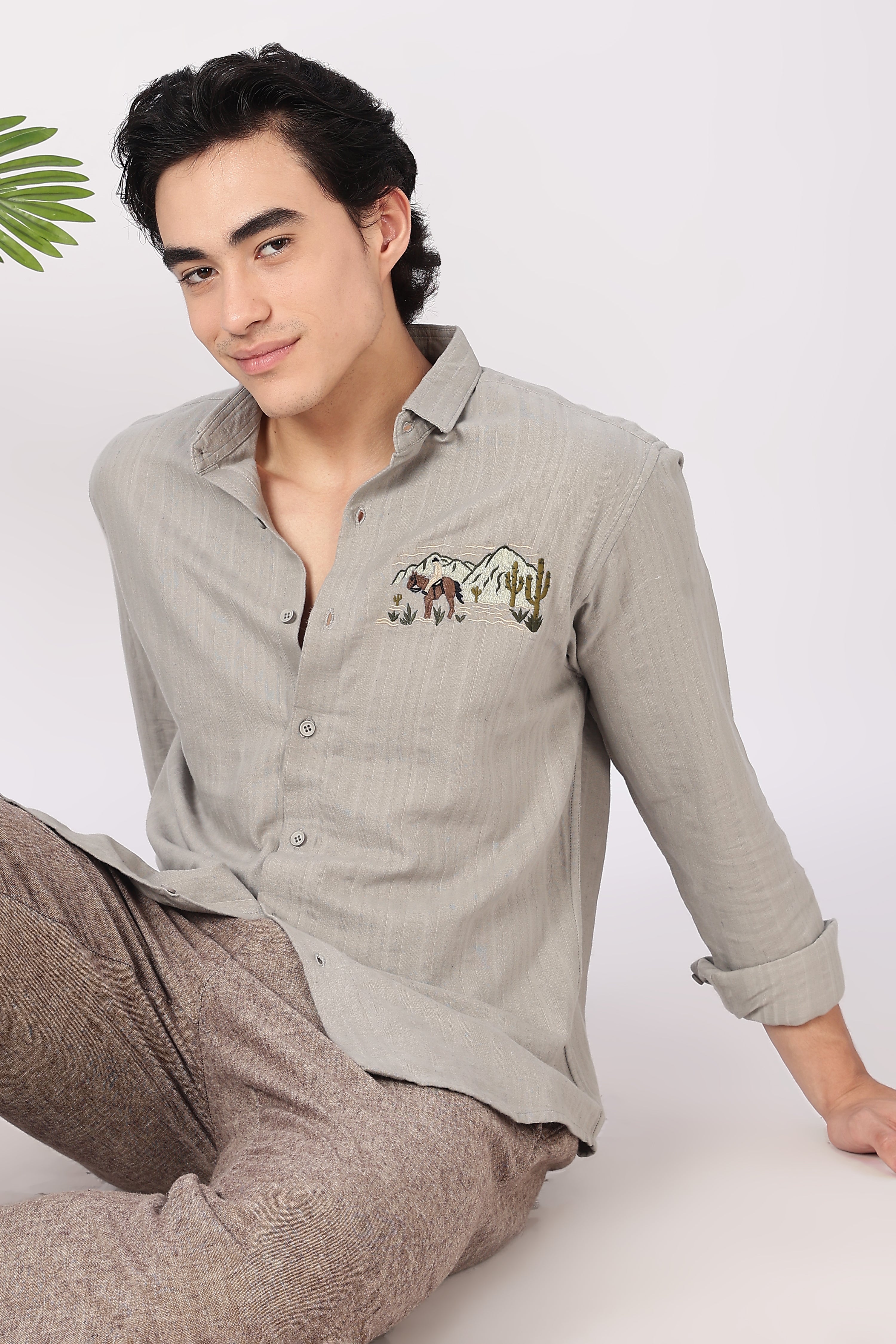 Desert Landscape Cotton Regular Fit Sage Grey Striped Shirt
