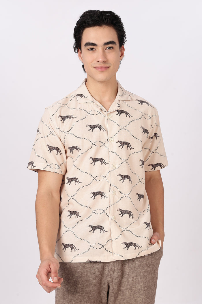 Savanna Stride 100% cotton Box Fit Beige Printed Shirt