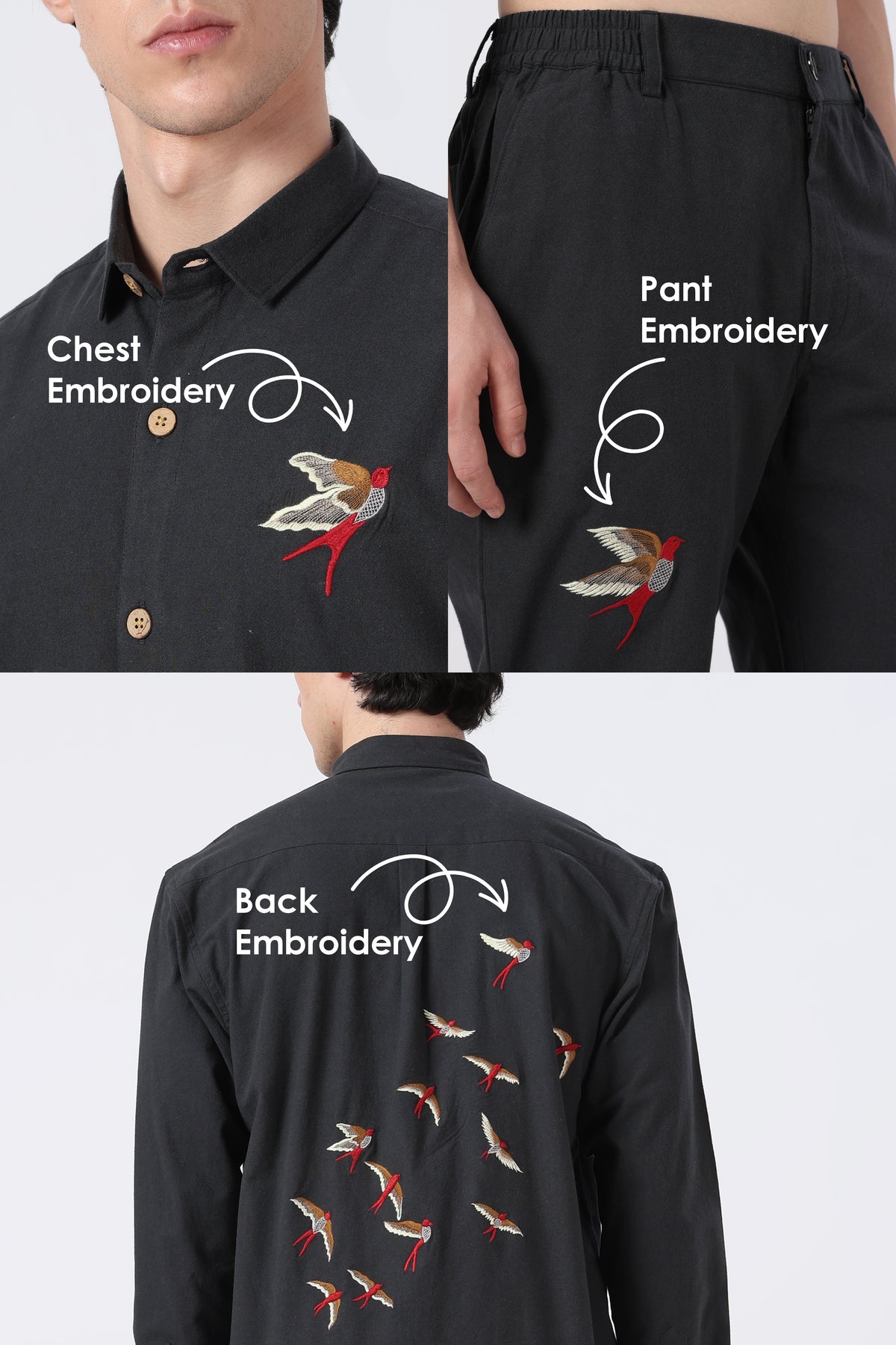 Longtail Bird Black Cotton Co-ordinated Outfits for Mens