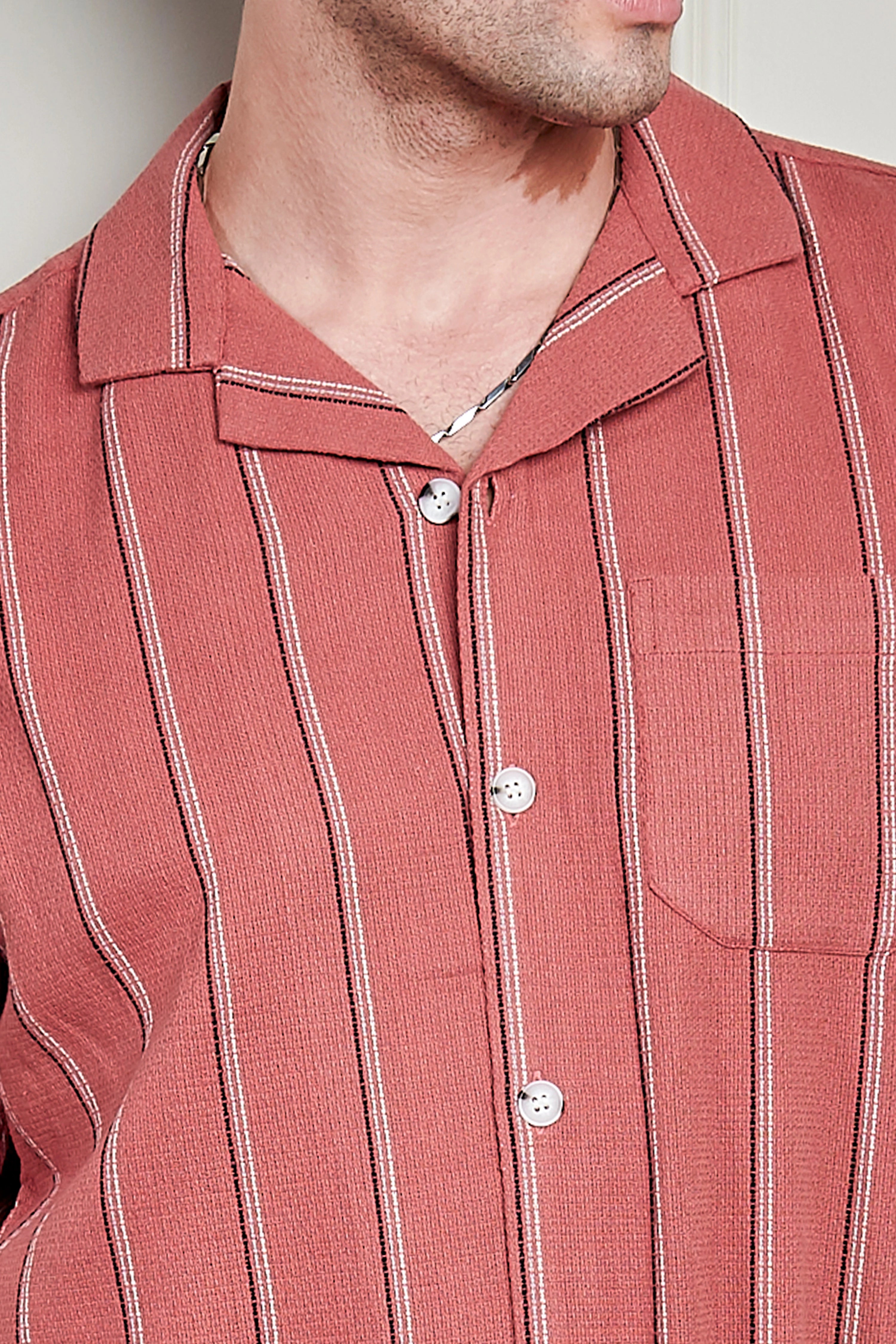 Rice knit Stripes Camp Collar Shirt