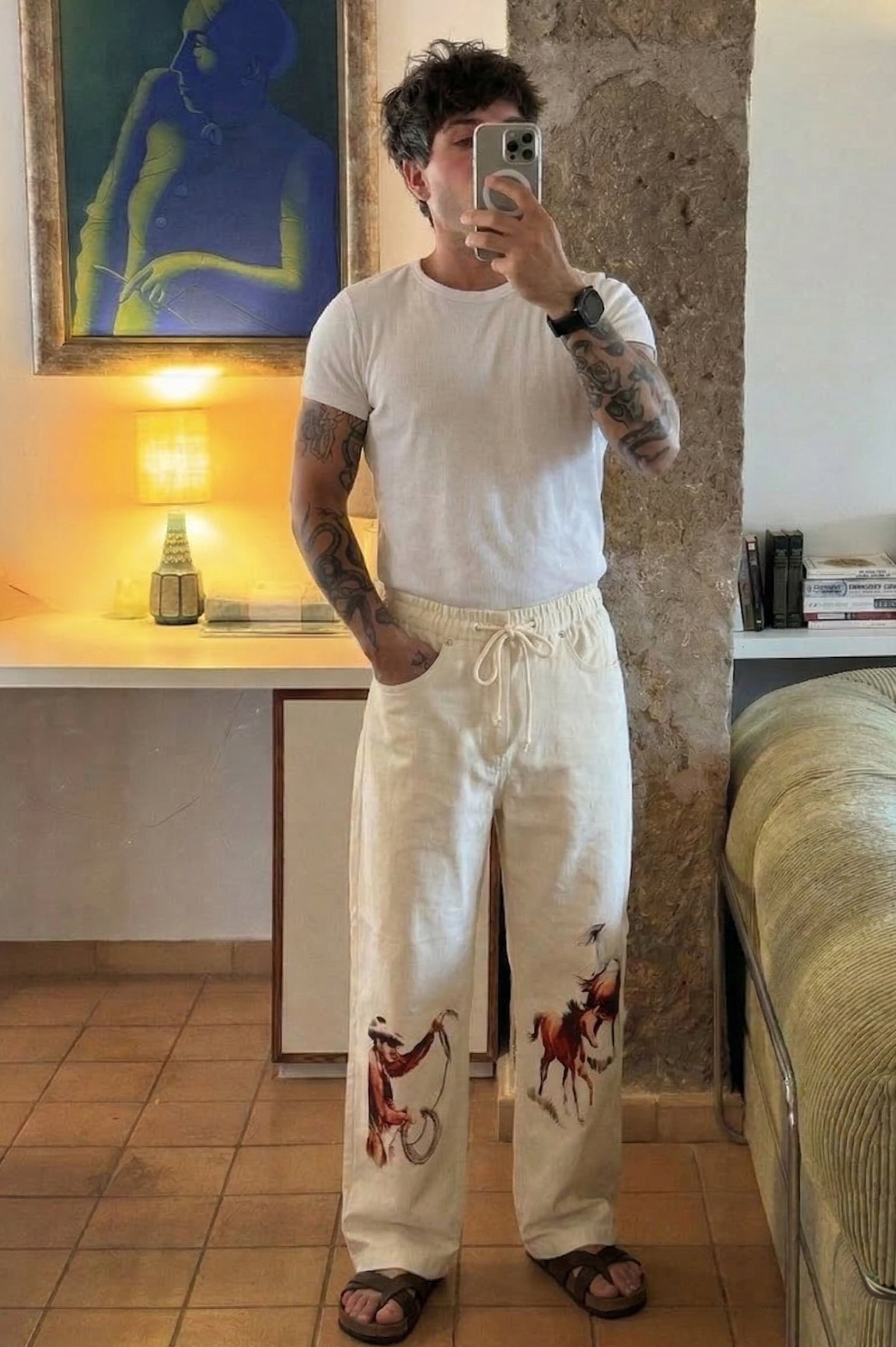 Frontier Spirit Linen Blend Relaxed Fit Beige Printed Pant