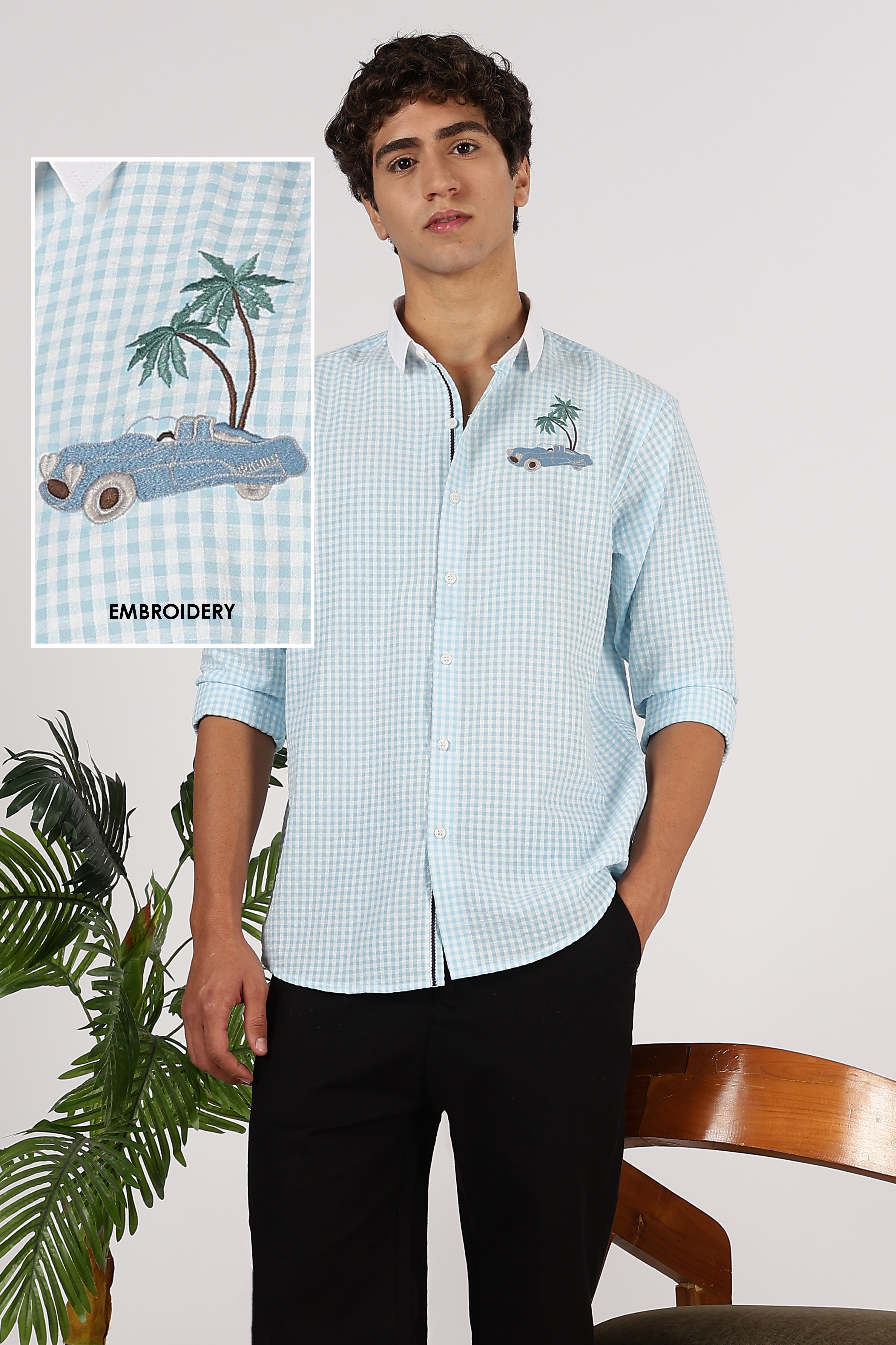 Palm Drive Cotton Regular Sky blue Embroidered Shirt