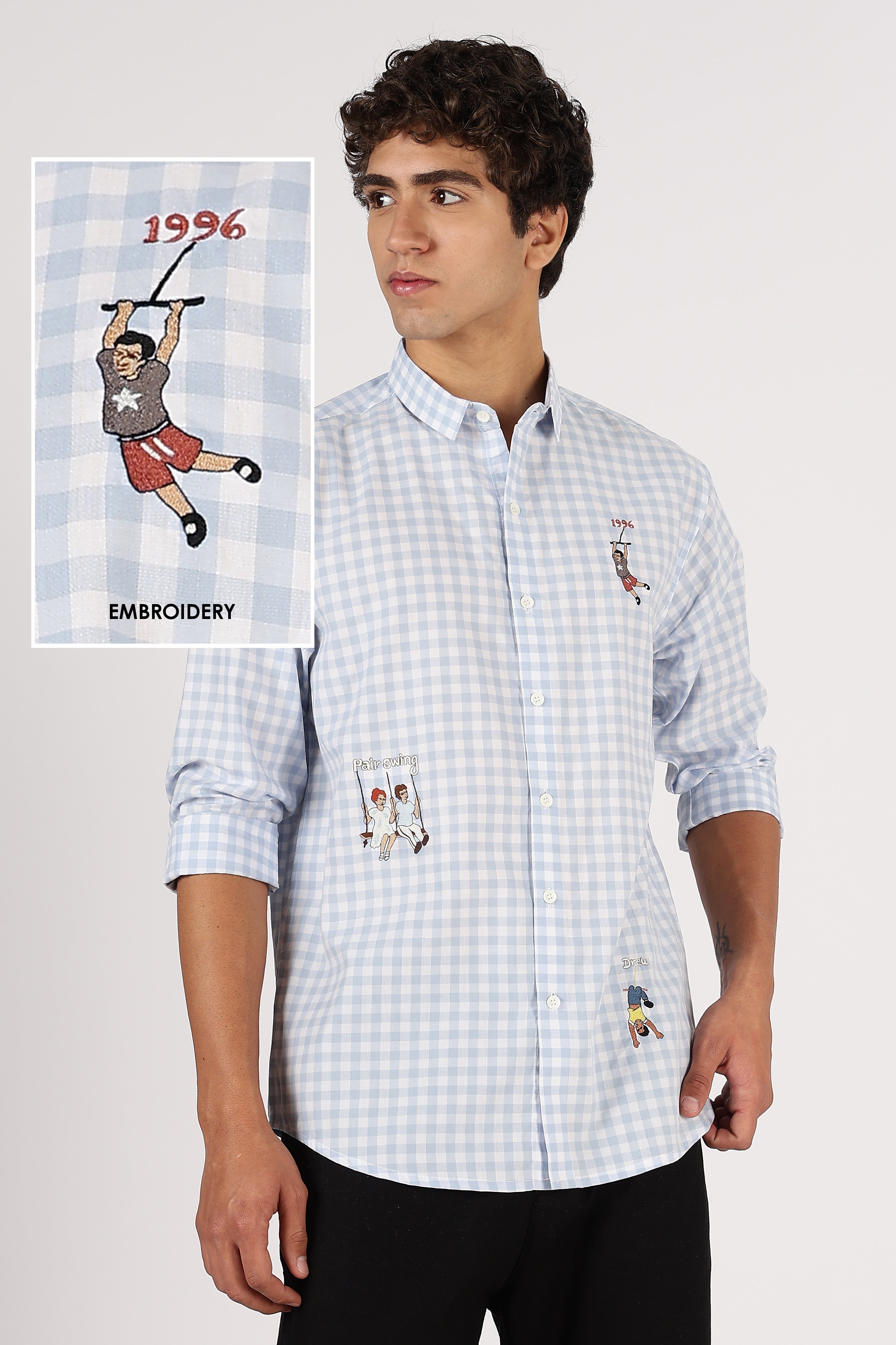 Playground Story Cotton Regular Sky Blue Pink Embroidered Shirt