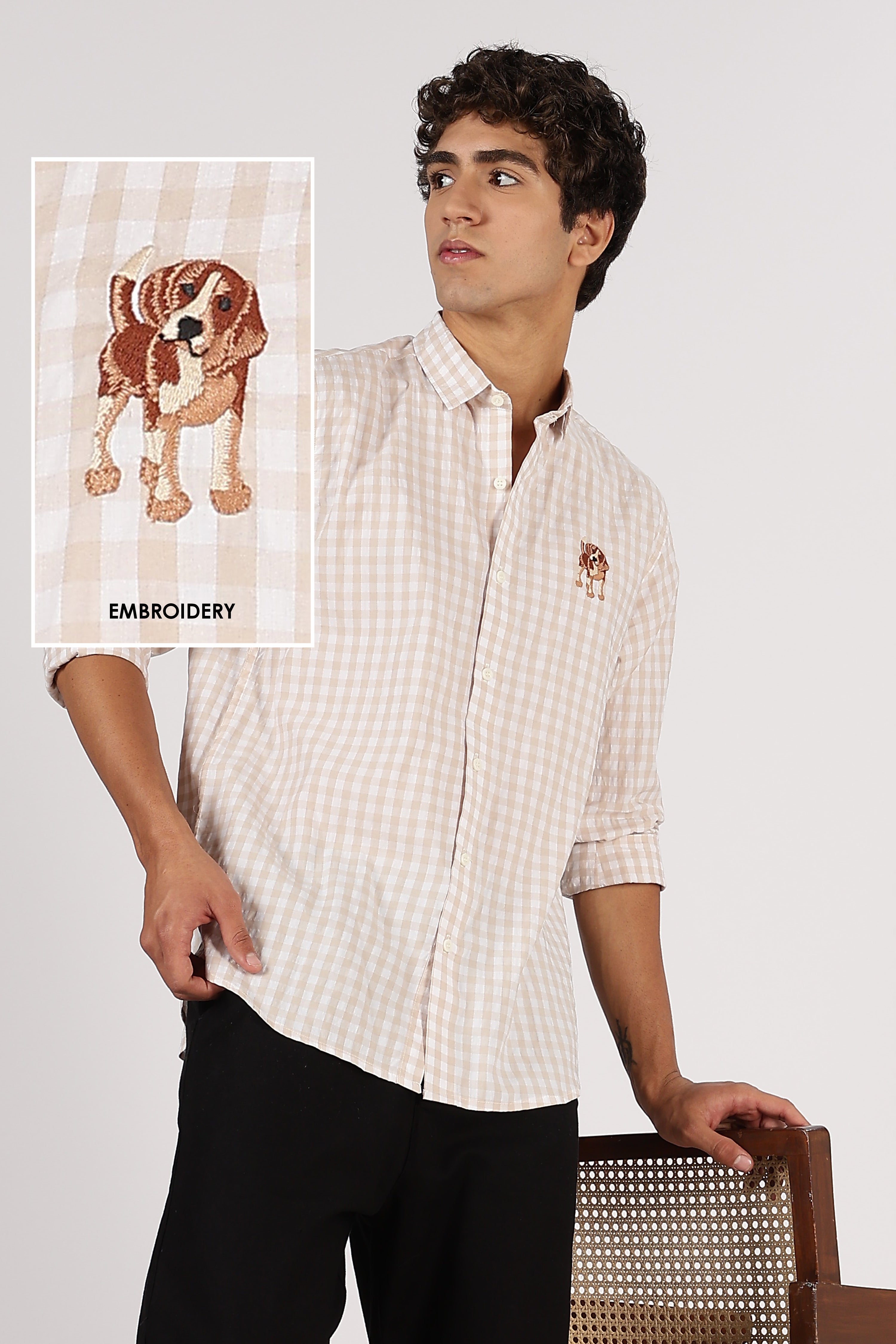 Beagle Puppy Cotton Regular Brown Embroidered Shirt