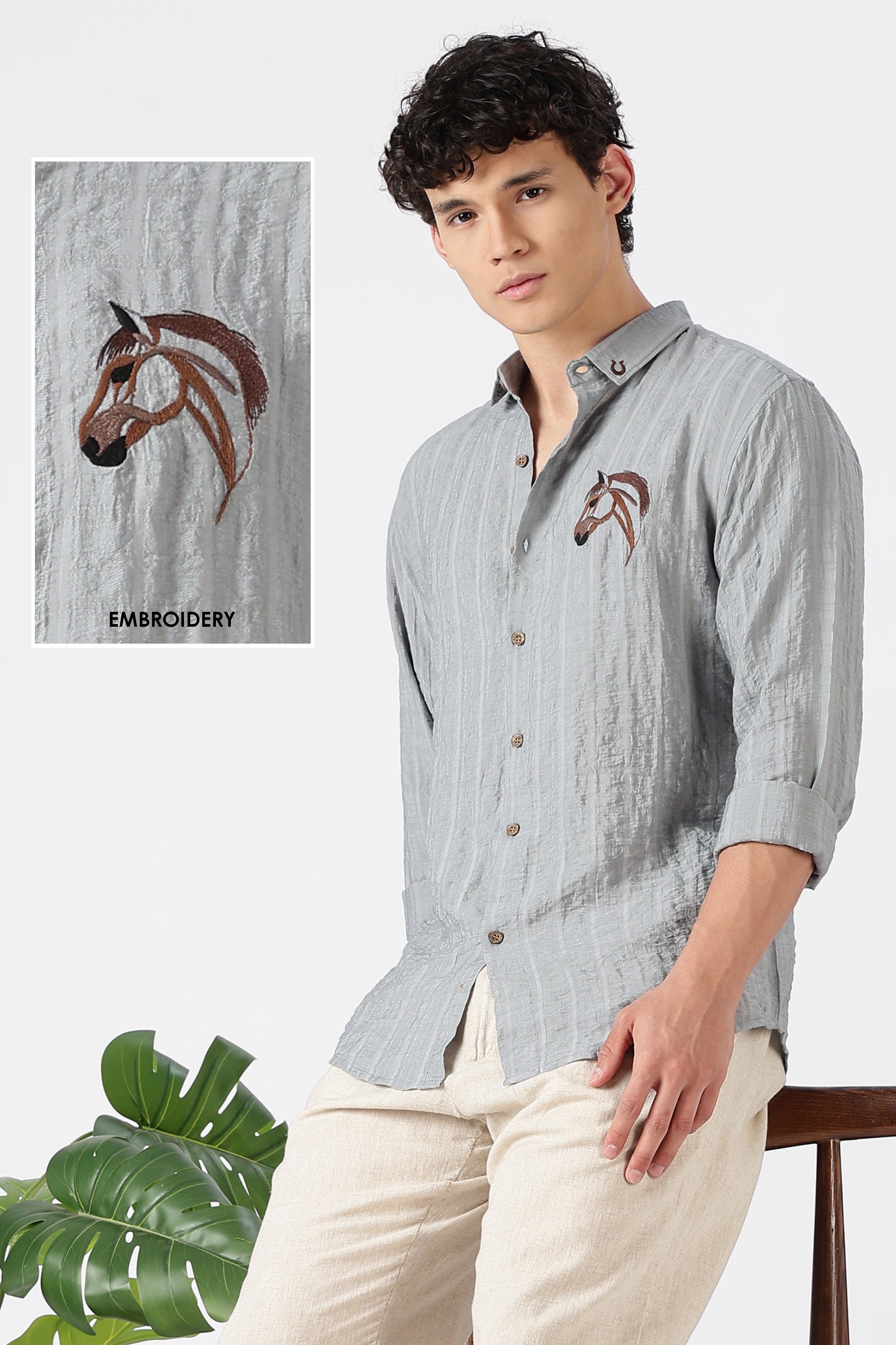 Mustang Horse Cotton Regular Fit Grey Embroidered Shirt