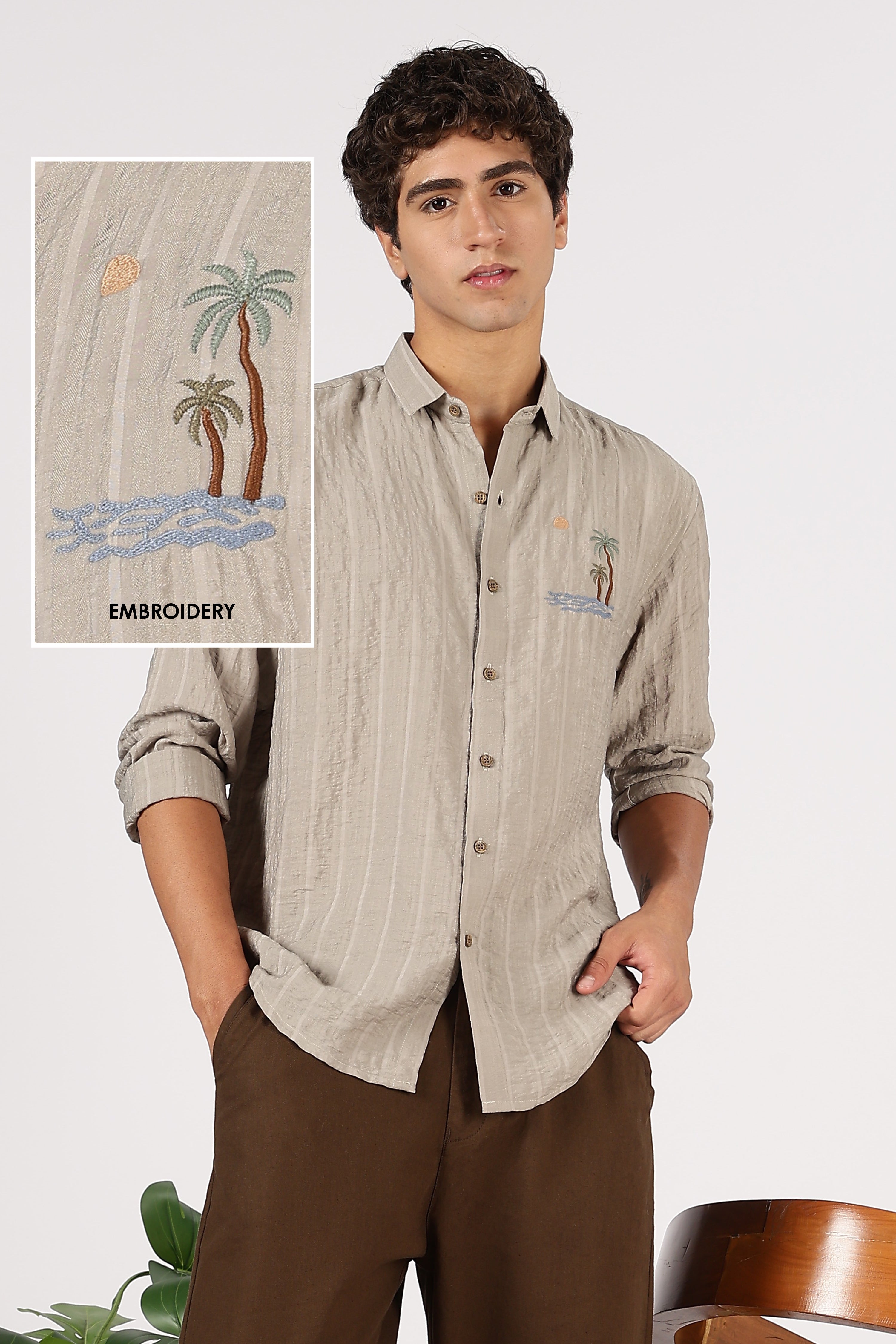 Taupe Island Drift Cotton Regular Fit Brown Embroidered Shirt