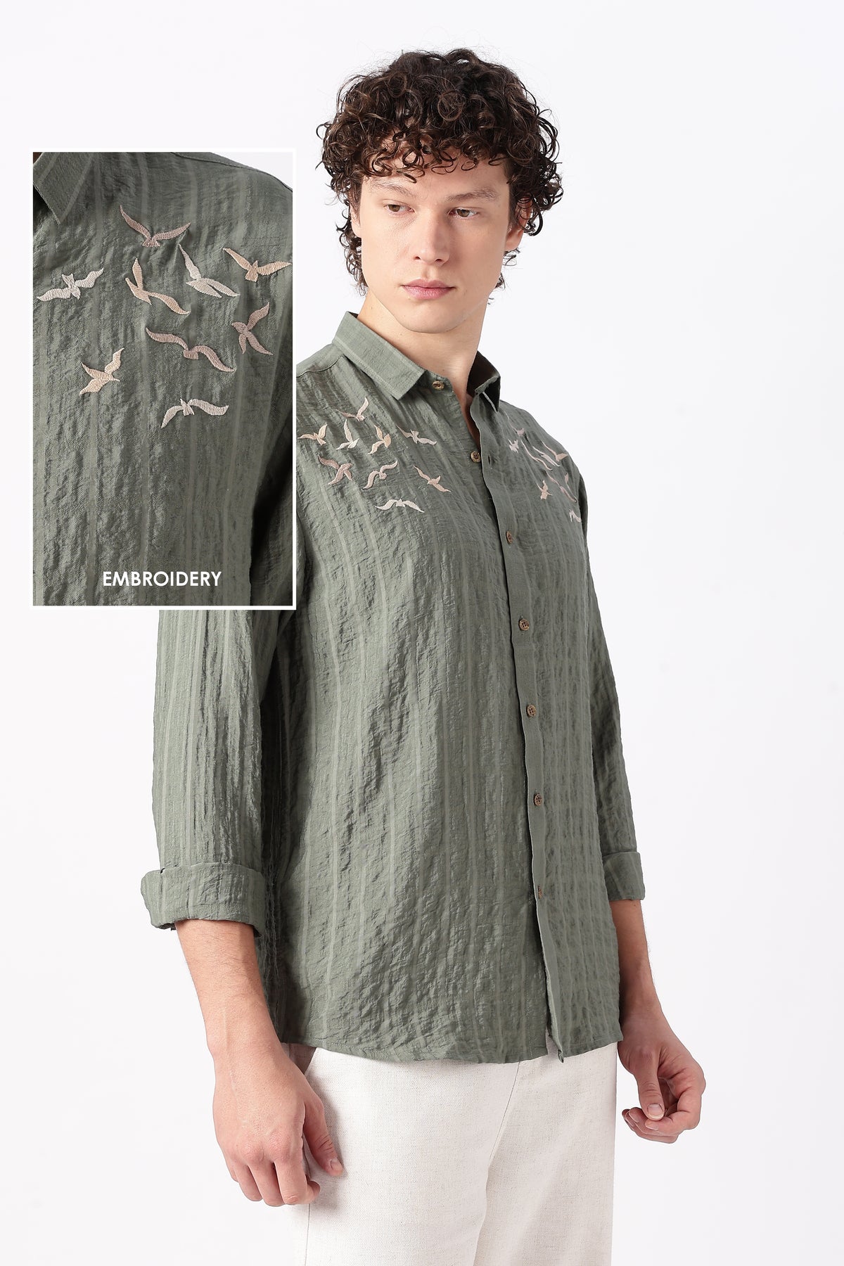 Buy Internet's Viral Cotton Regular Fit Olive Embroidered Shirt - Hamptons