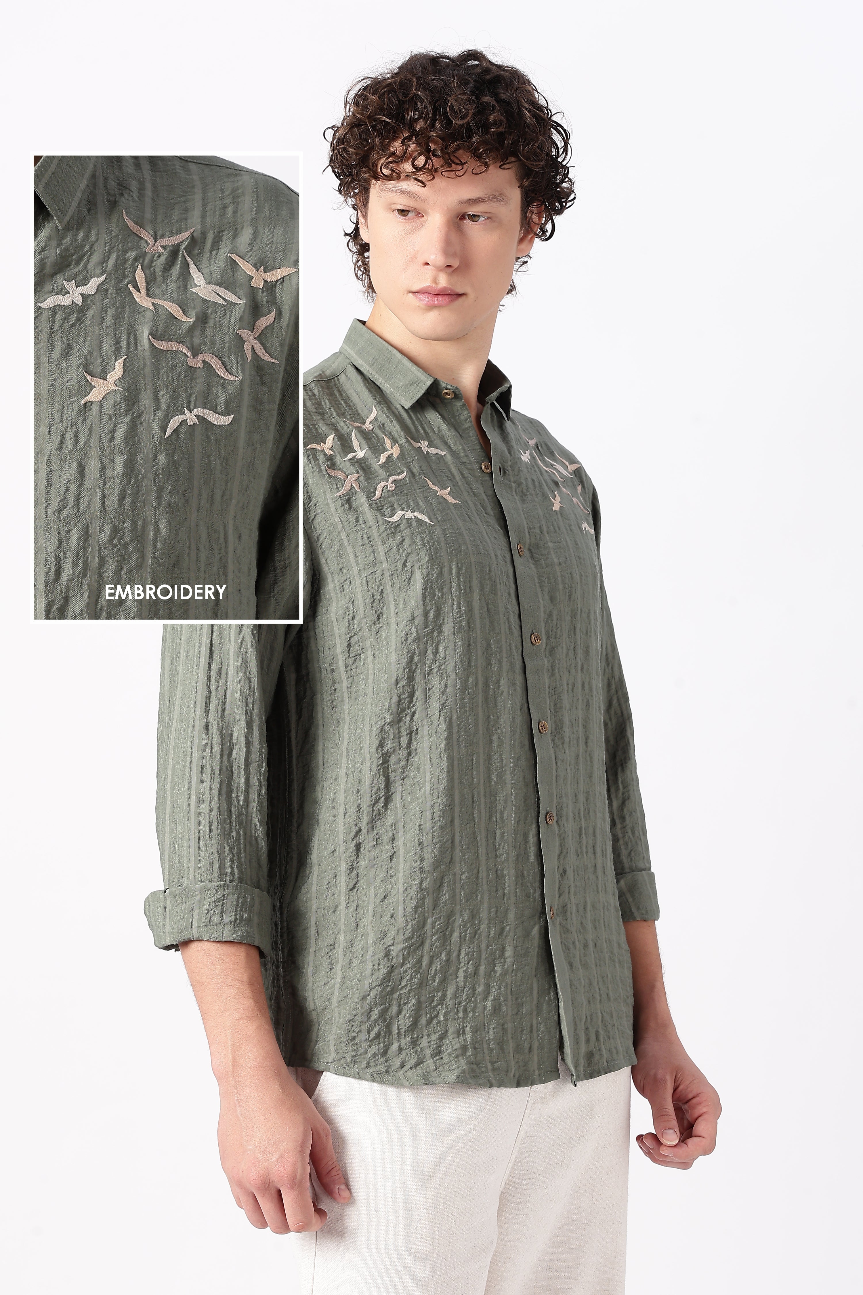 Internet's Viral Cotton Regular Fit Olive Embroidered Shirt