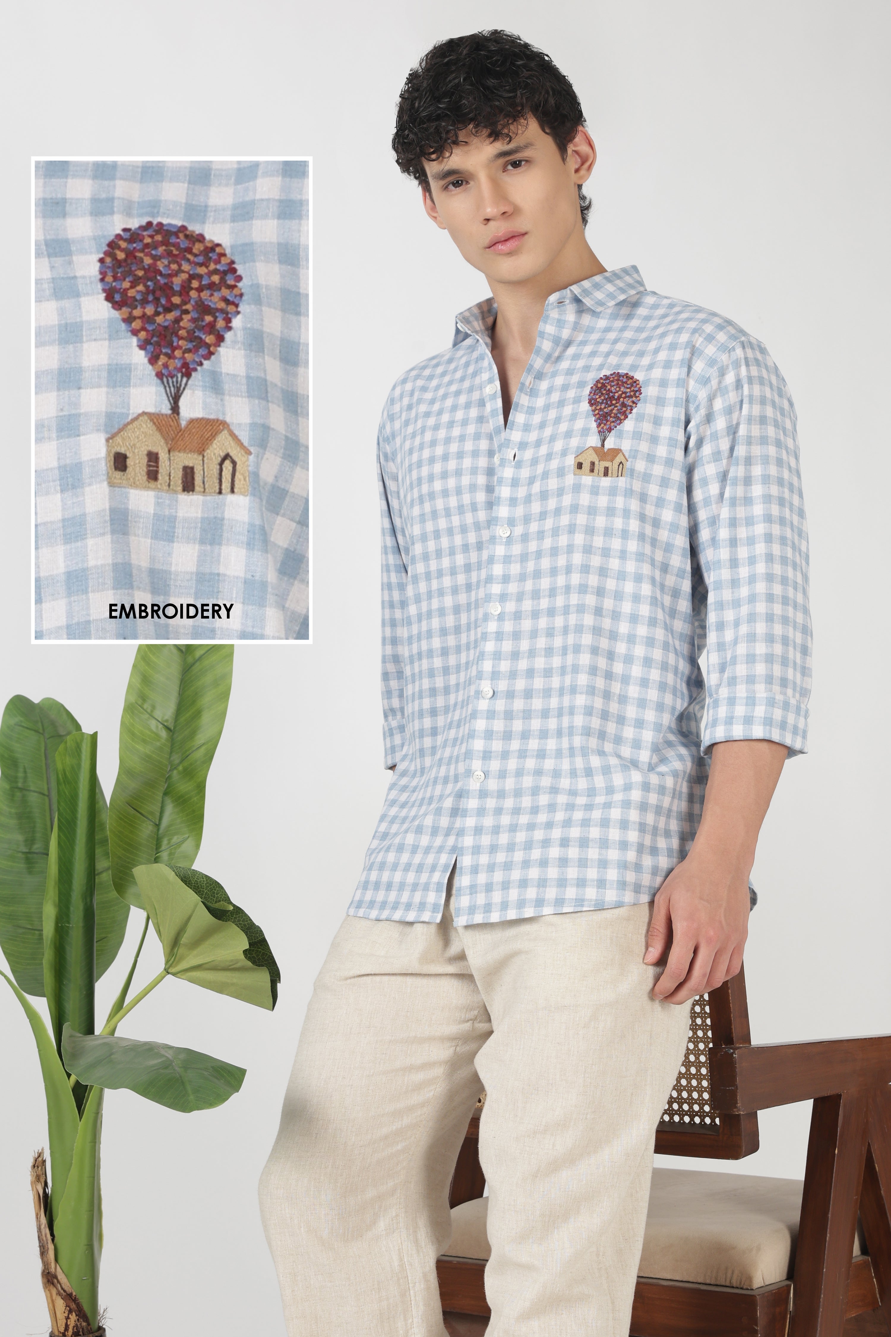 Sky Balloon House Cotton Regular Fit Sky Blue Embroidered Shirt