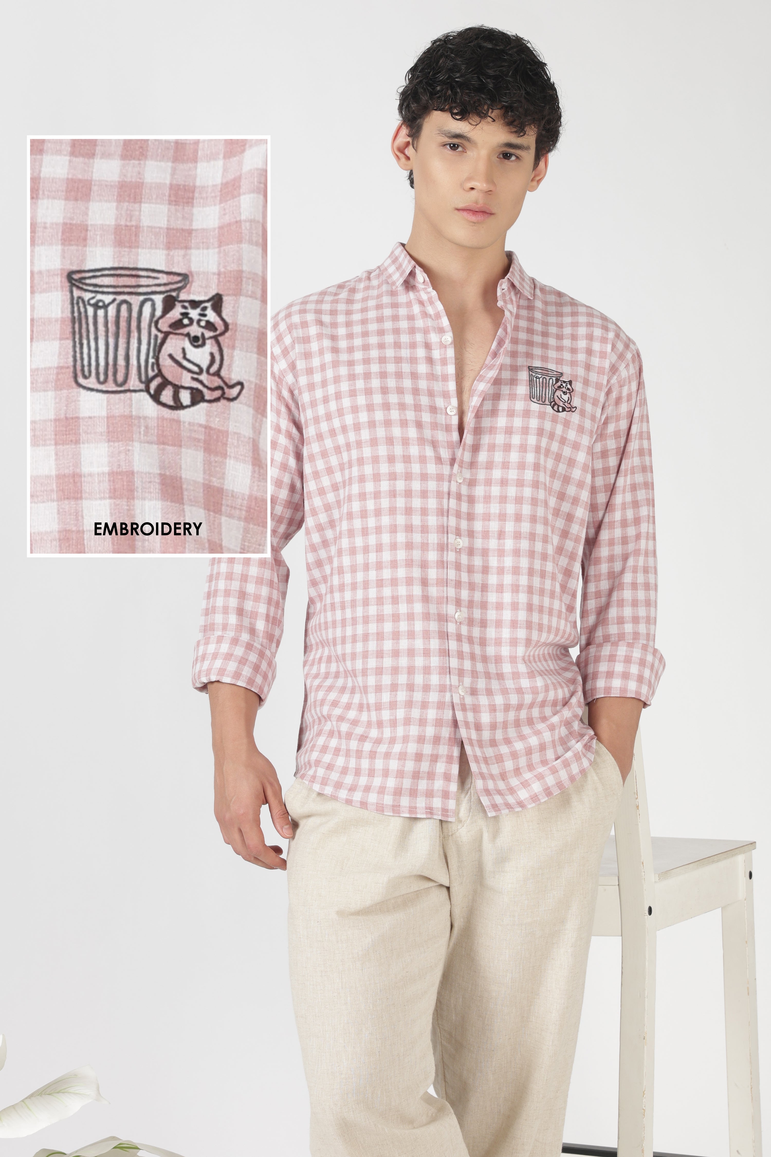 Playful Raccoon Cotton Regular Fit Pink Embroidered Shirt