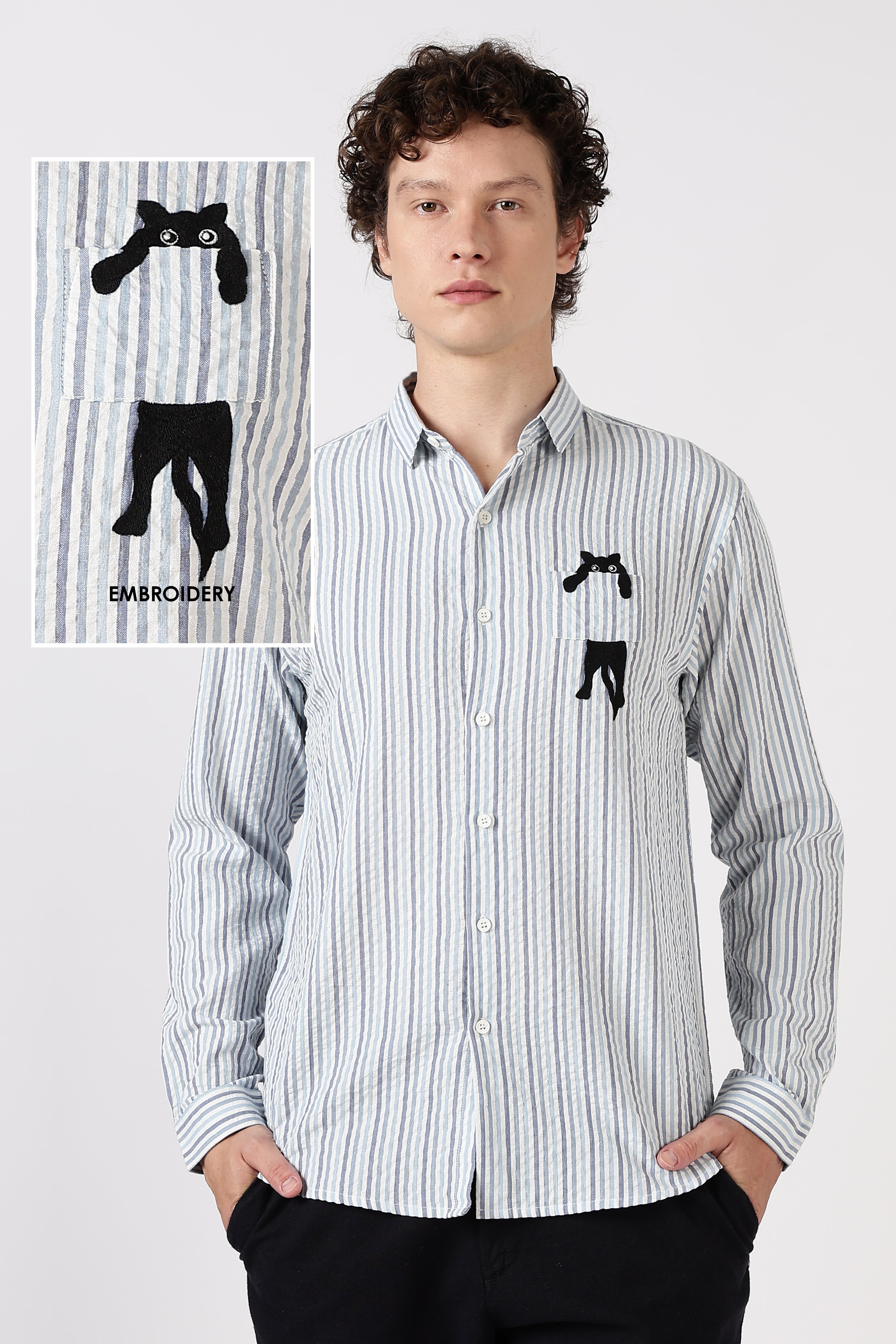 Playful Peek Cotton Regular Fit Blue Striped Embroidered Shirt