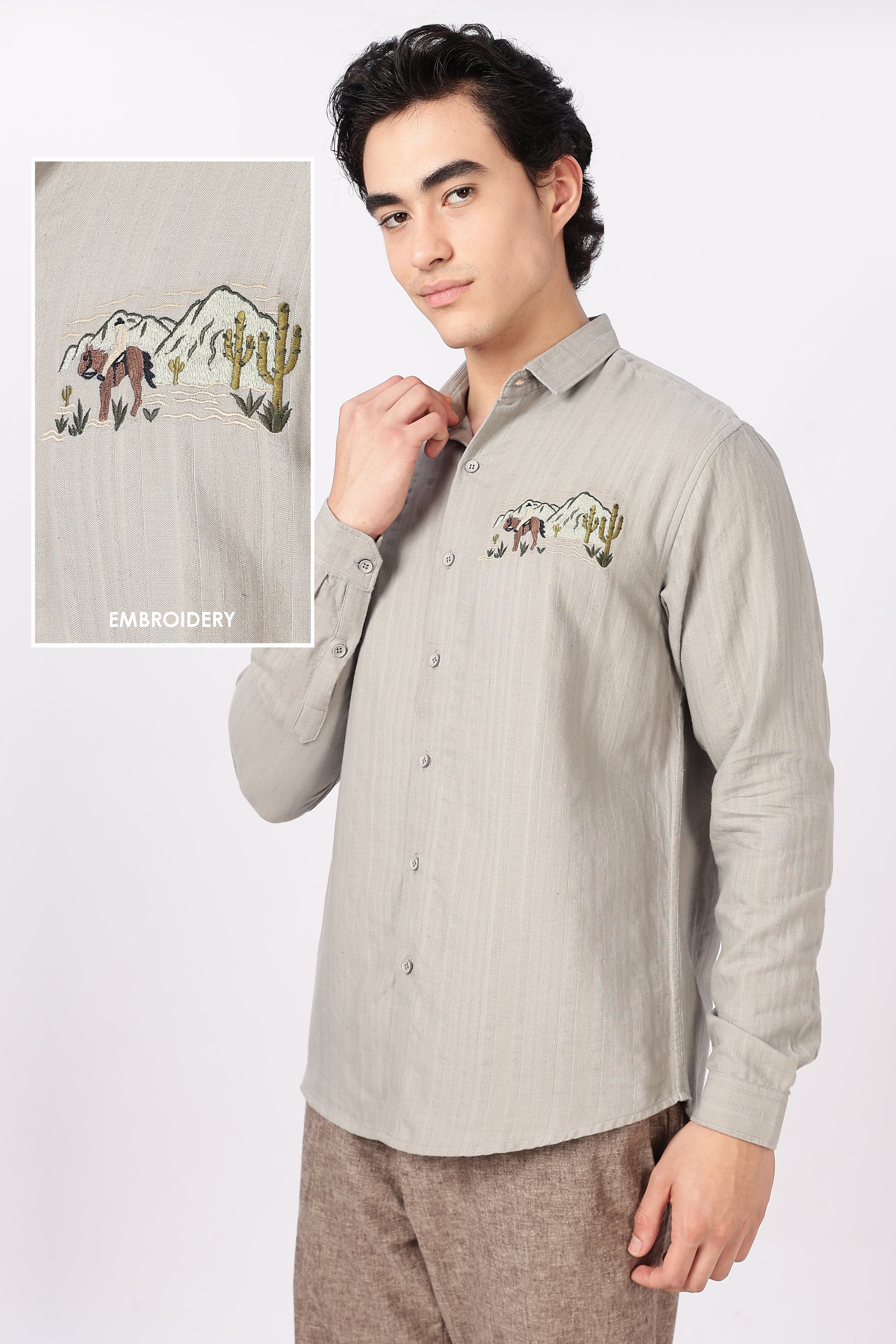 Desert Landscape Cotton Regular Fit Sage Grey Striped Shirt