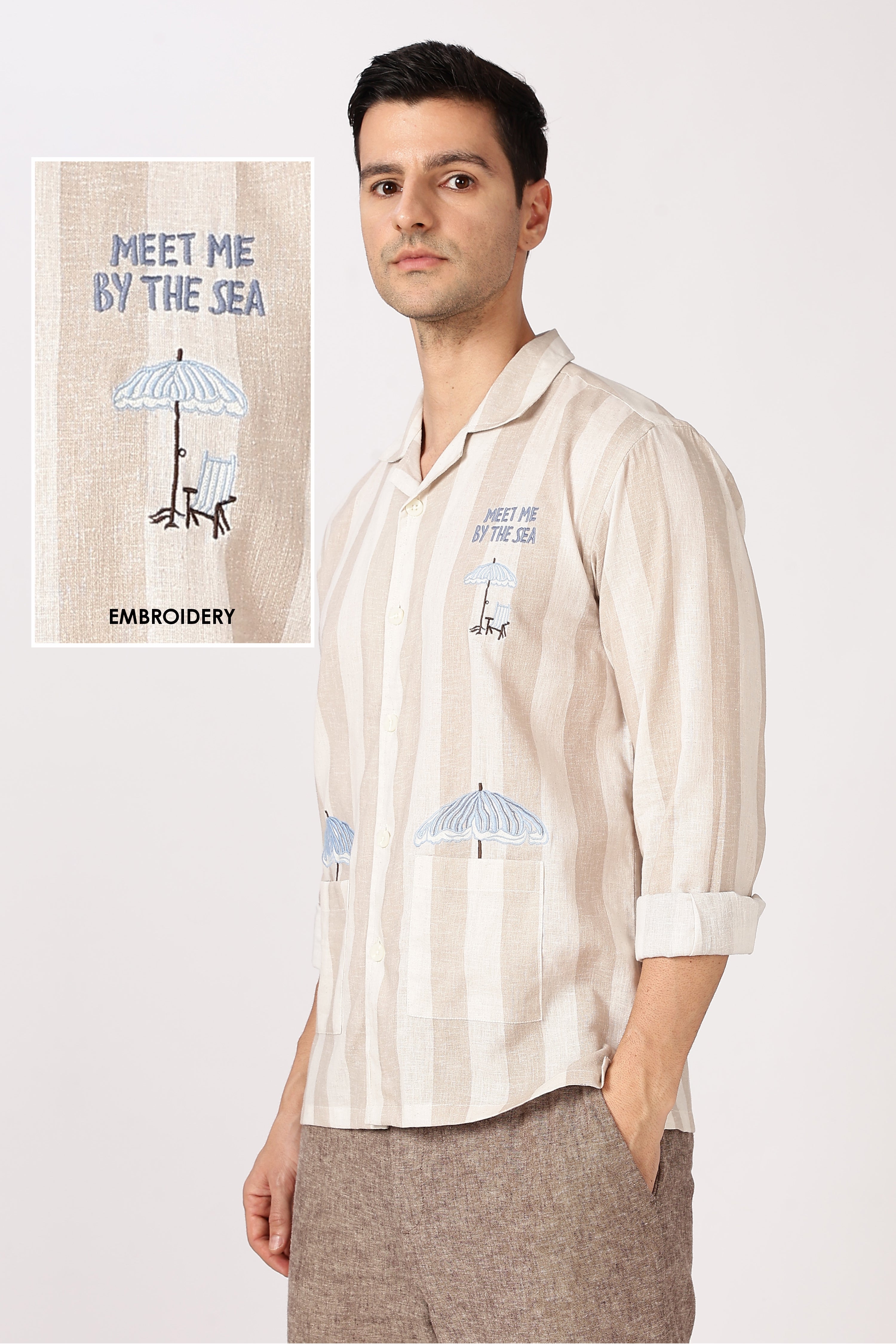 Seaside Meet Cotton Box Fit Brown Embroidered Shirt