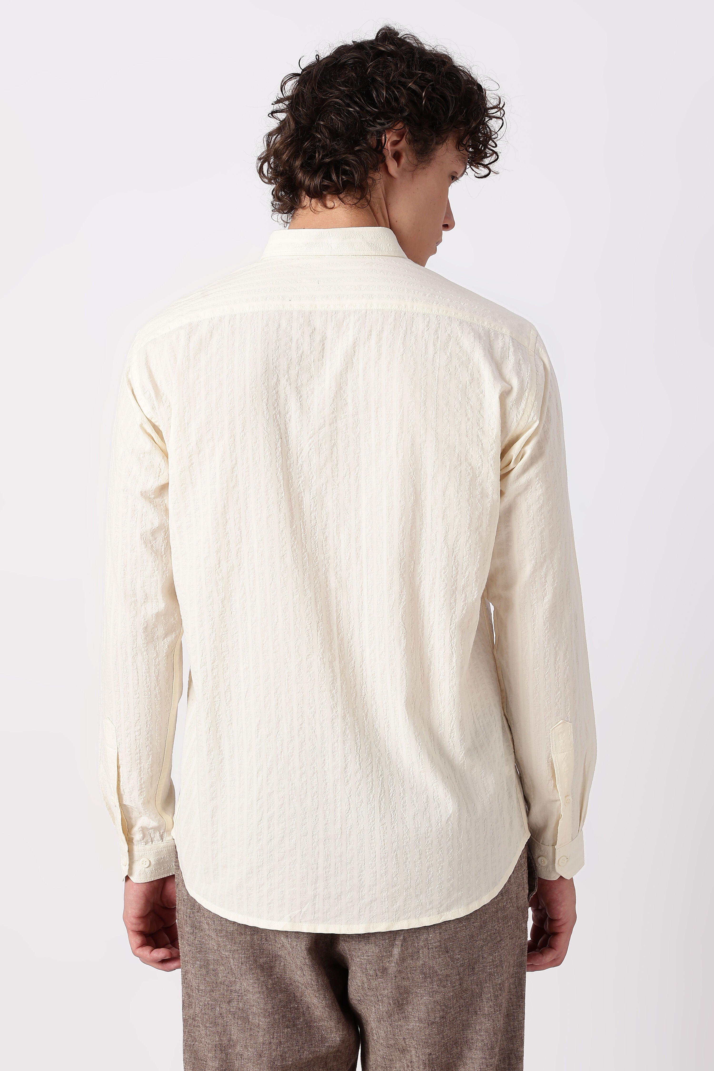 Seaside Postcard Cotton Regular Fit Cream Striped Shirt