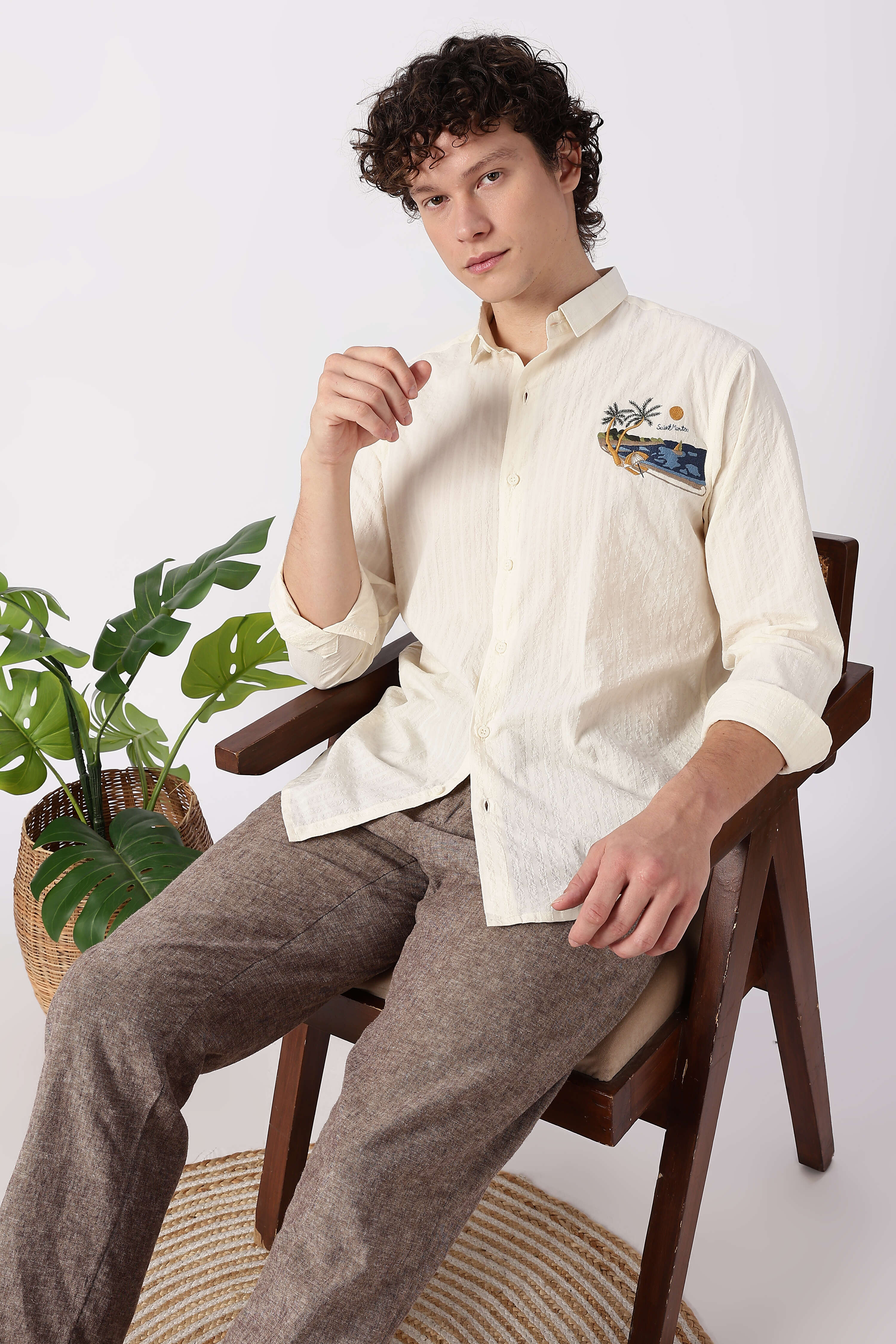 Seaside Postcard Cotton Regular Fit Cream Striped Shirt