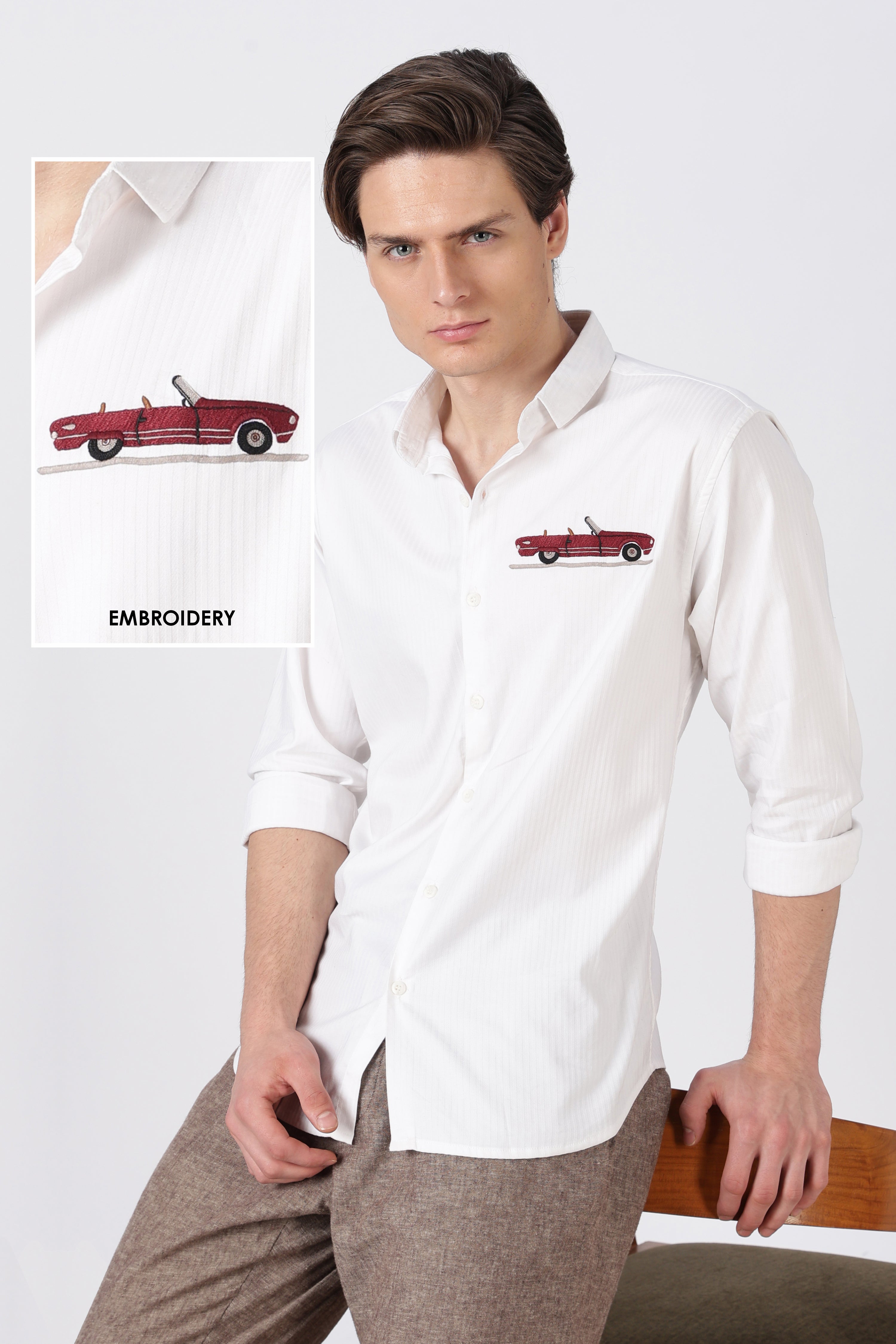 Vintage Red Car Cotton Regular Fit White Striped Shirt