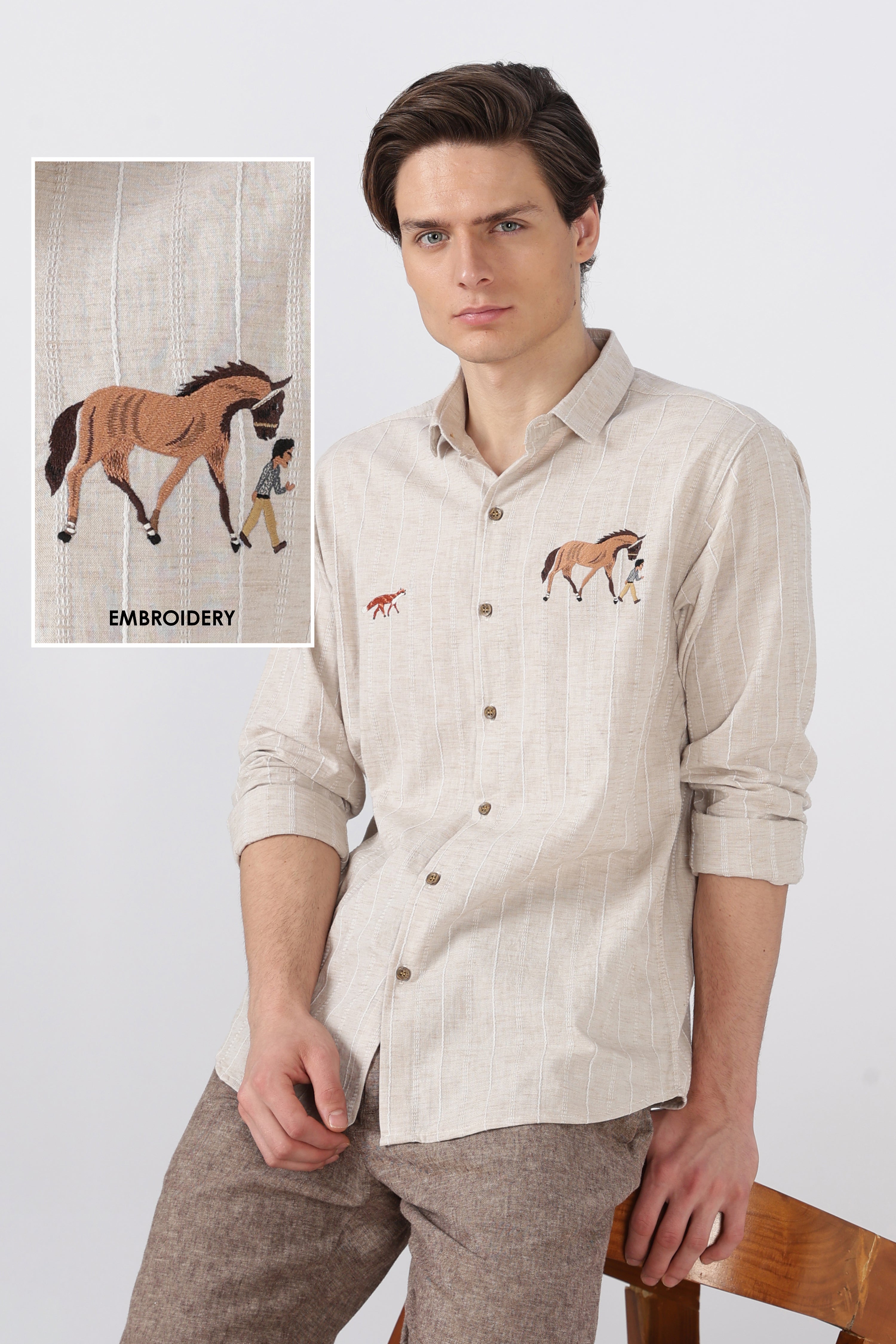 Equestrian Stroll Cotton Regular Fit Beige Striped Shirt