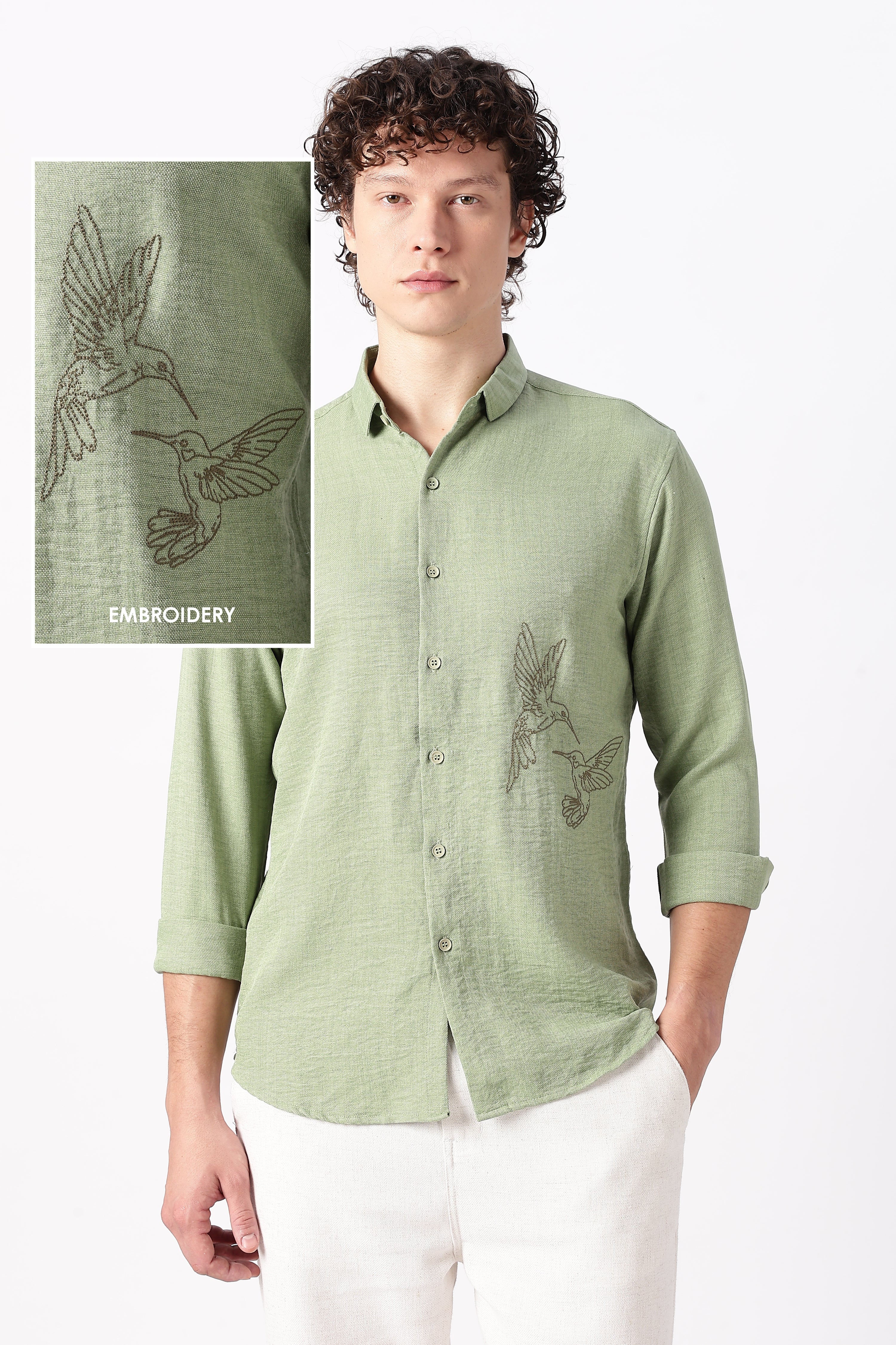Humming(way) Birds Vienna Cotton Regular Fit Green Embroidery Shirt