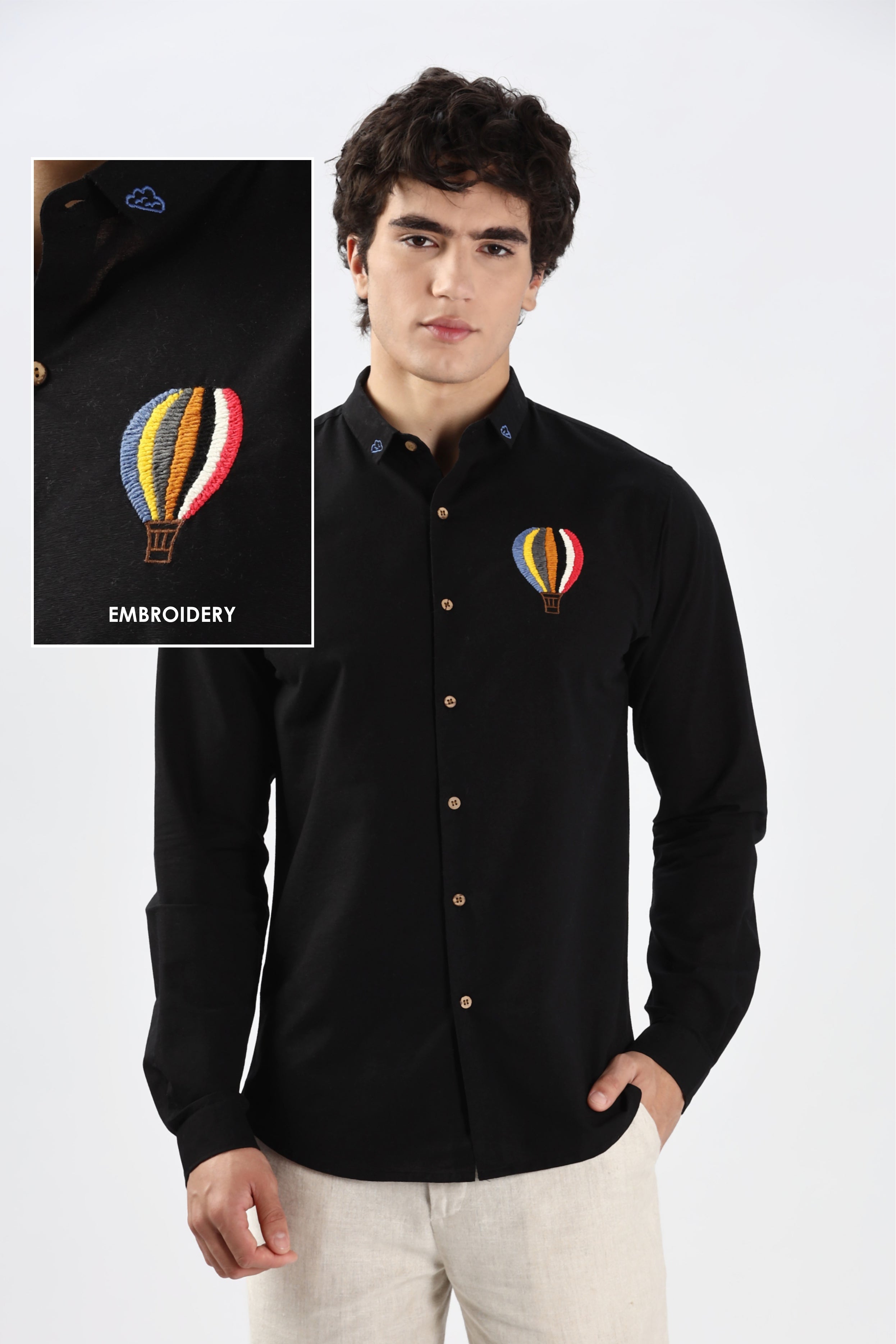 Cappadocia Black Hot Air Balloon Embroidery Shirt