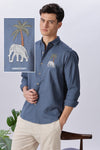 Elephant Savanna Cotton Regular Fit Blue Embroidered Shirt