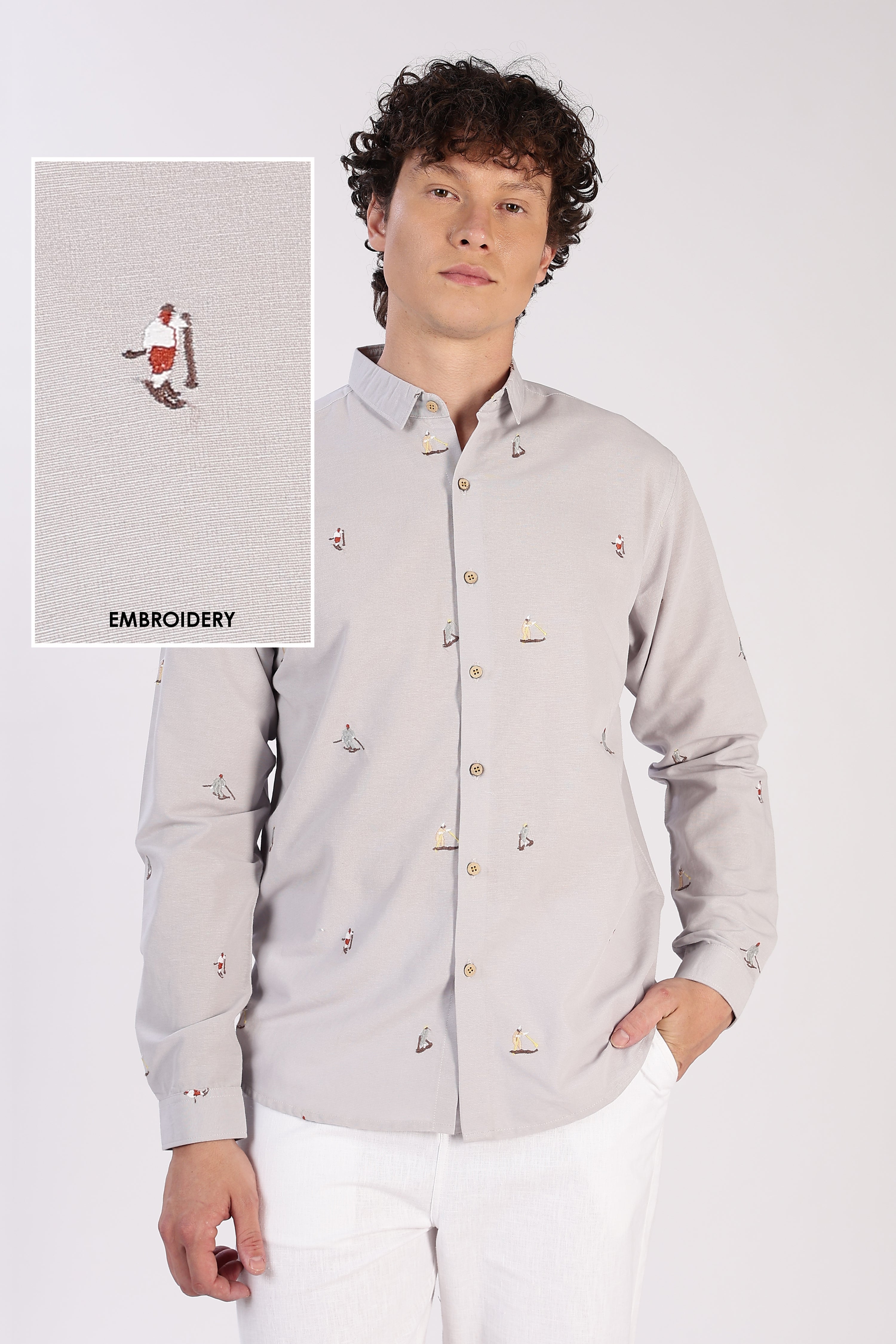 Grey Surfscape Embroidered Cotton Shirt