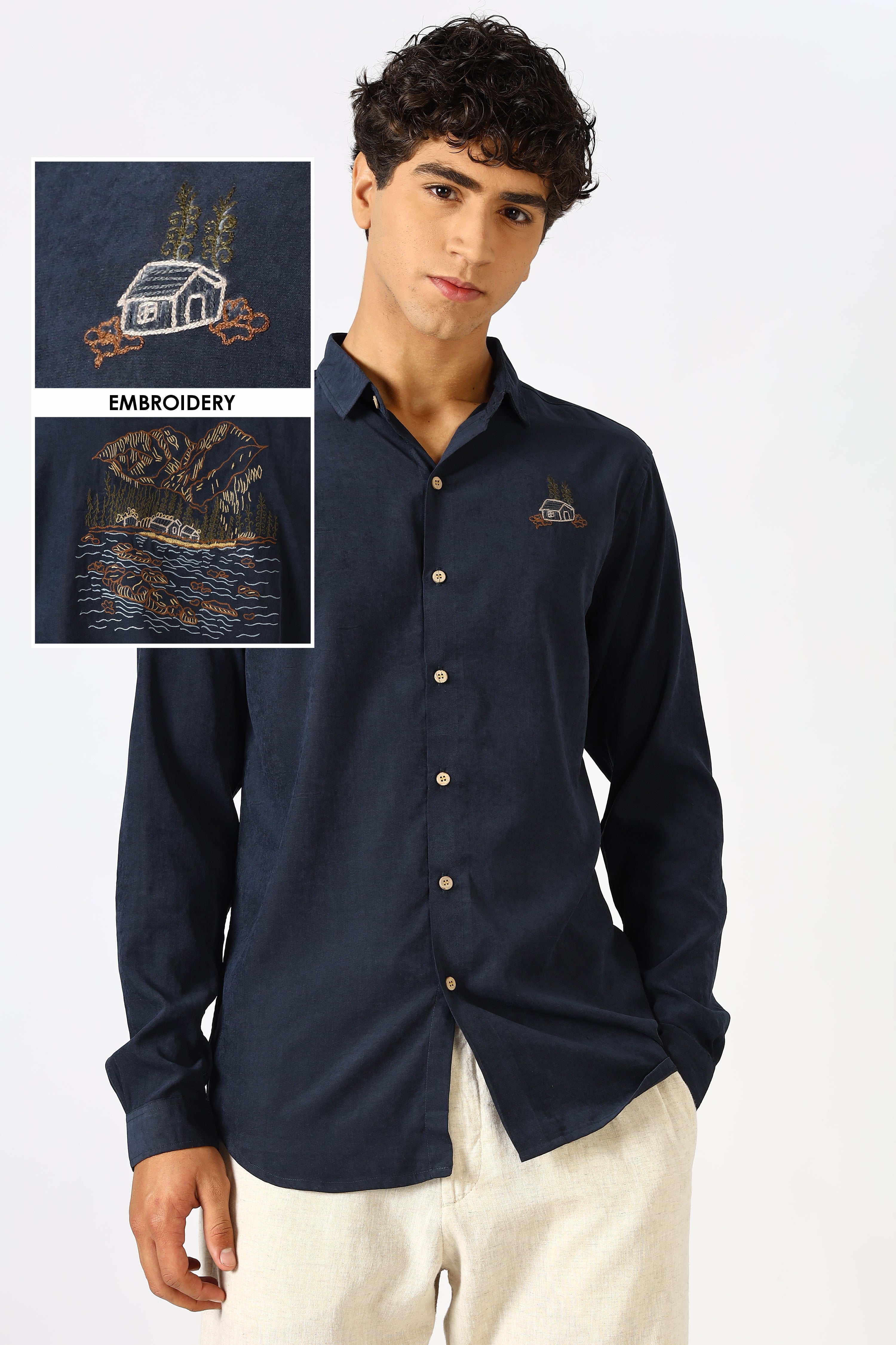 Wilderness House Cotton Regular Fit Navy Embroidered Shirt