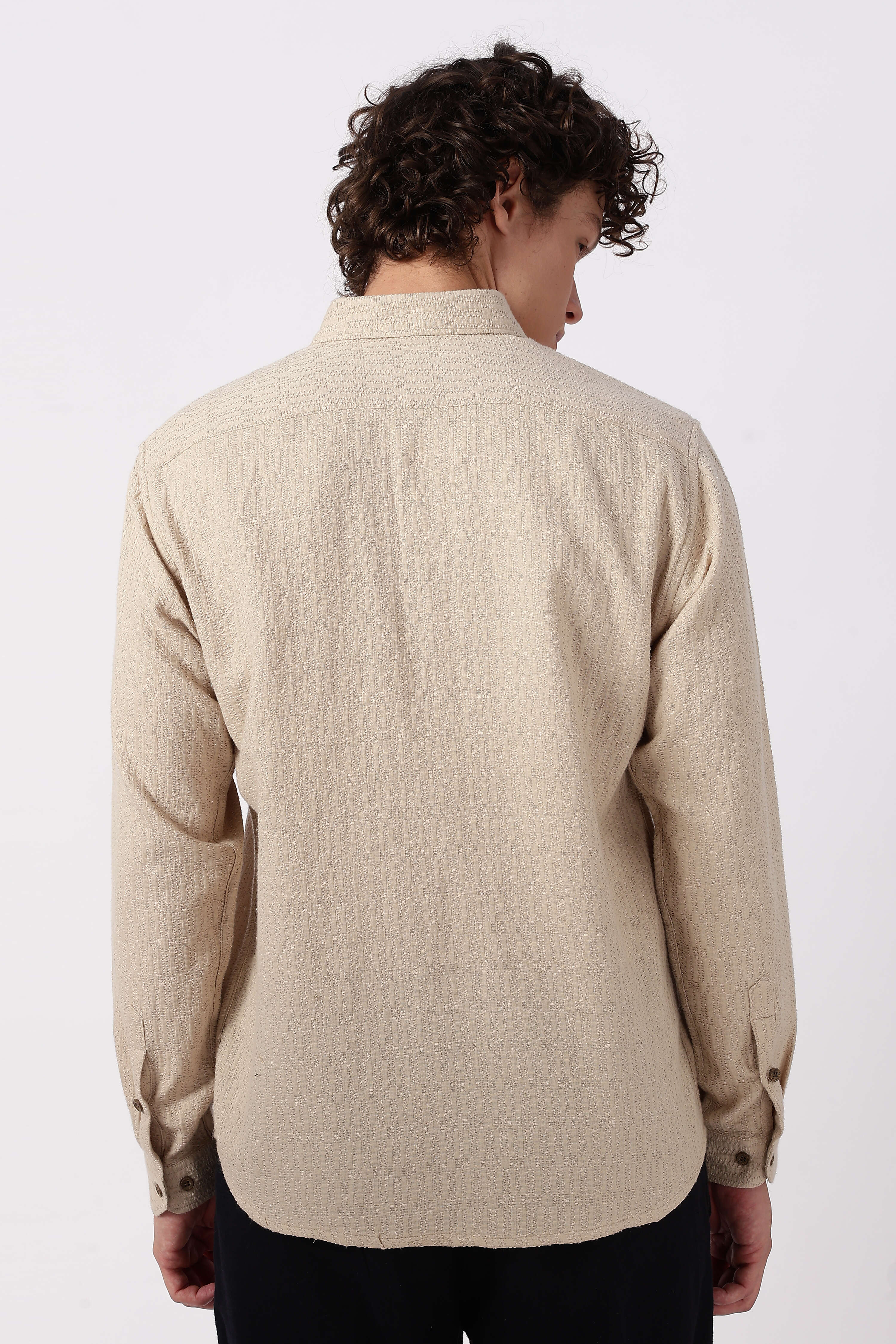 Sunset Cove Cotton Regular Fit Beige Embroidered Shirt