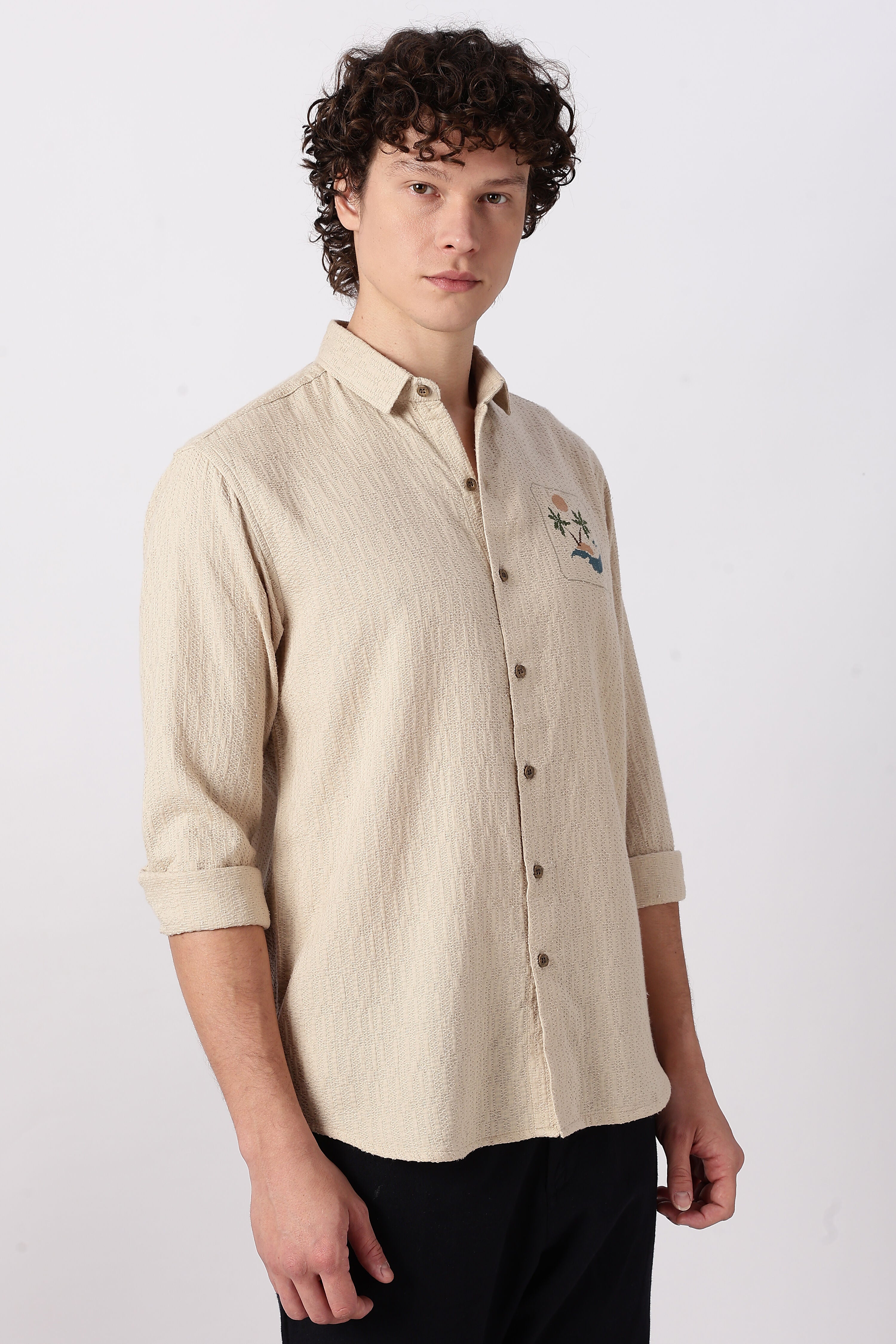 Sunset Cove Cotton Regular Fit Beige Embroidered Shirt