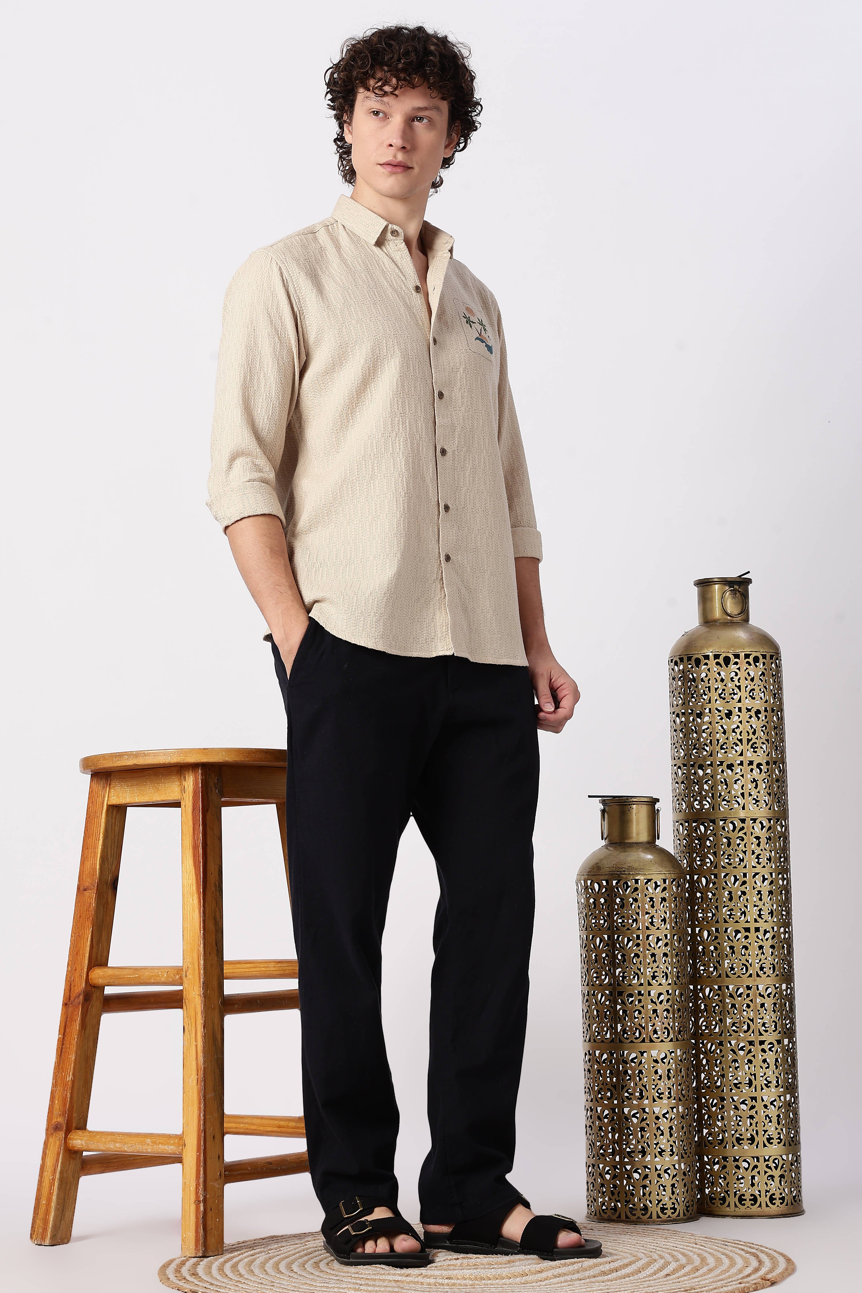 Sunset Cove Cotton Regular Fit Beige Embroidered Shirt