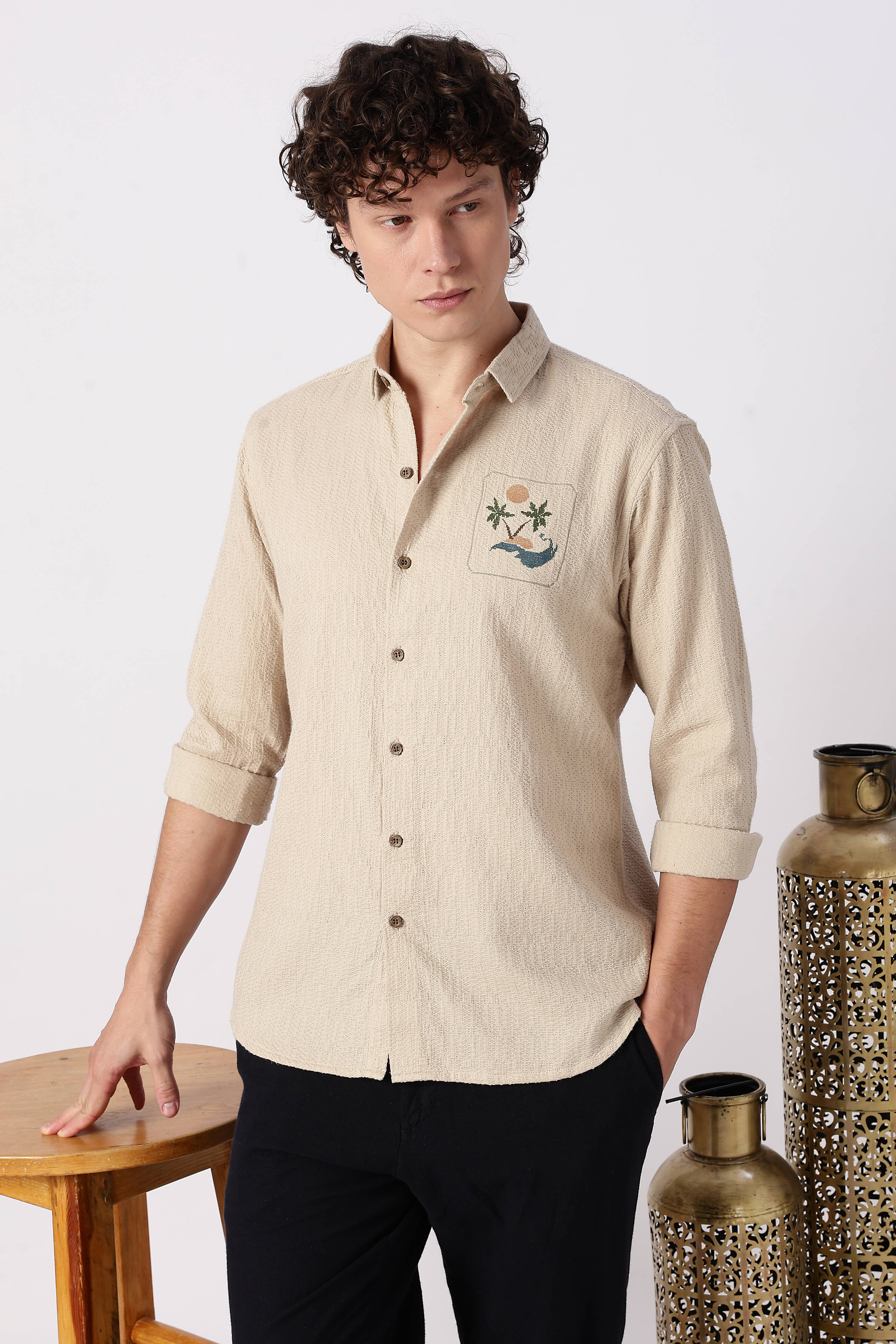 Sunset Cove Cotton Regular Fit Beige Embroidered Shirt