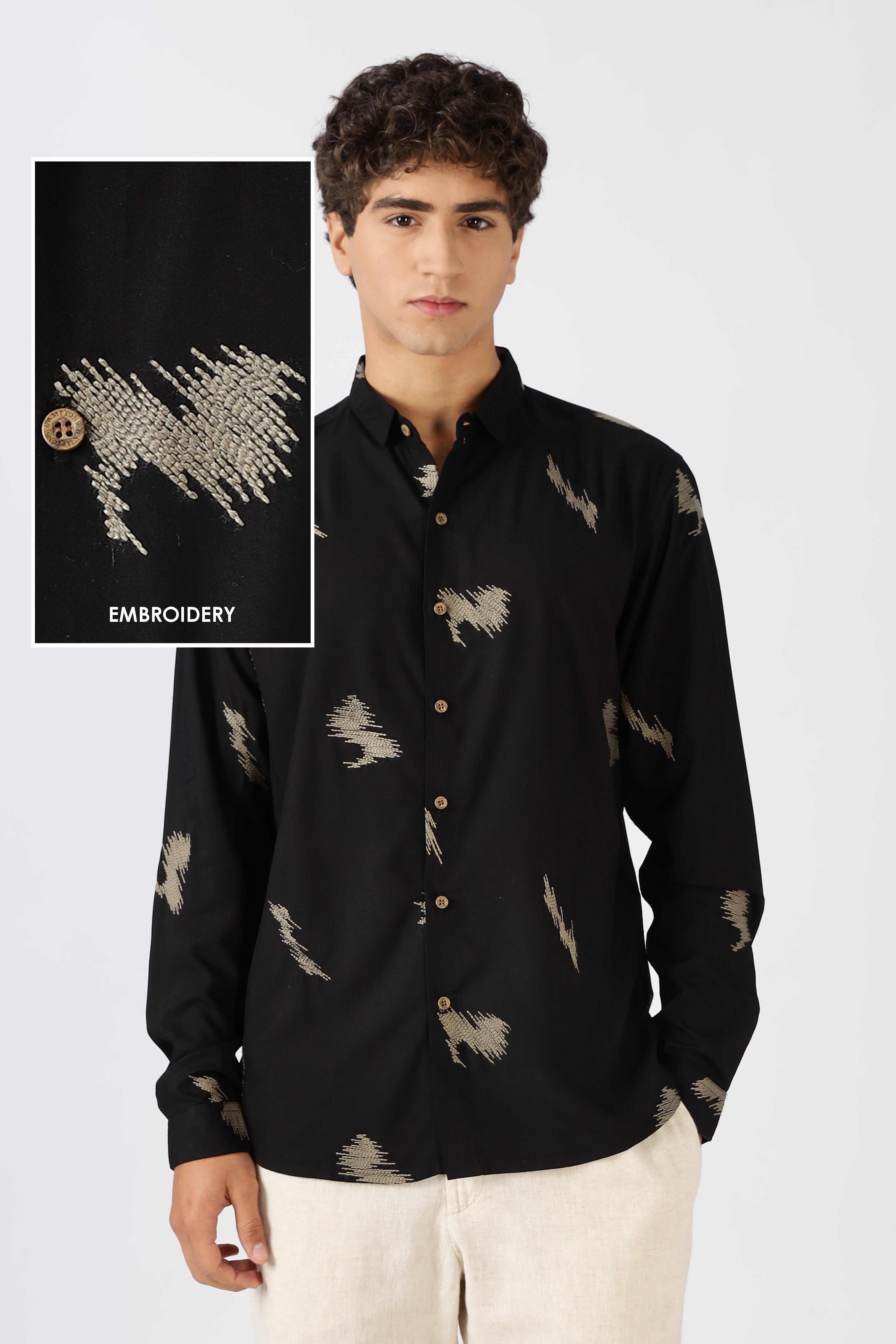 Midnight Ikat Cotton Regular Fit Black Embroidered Shirt