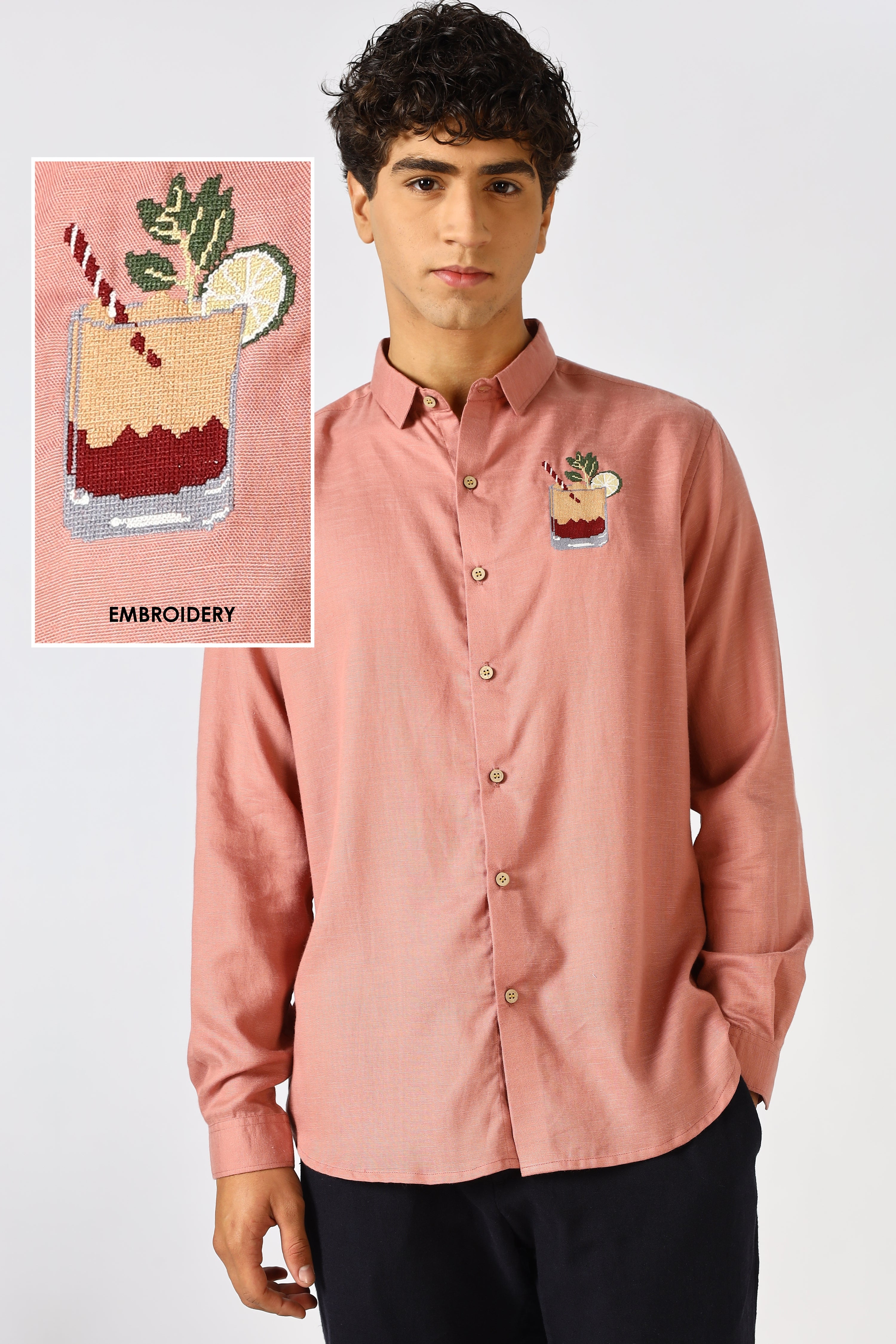 Sundowner Spritz Cotton Regular Fit Dusty Pink Embroidered Shirt